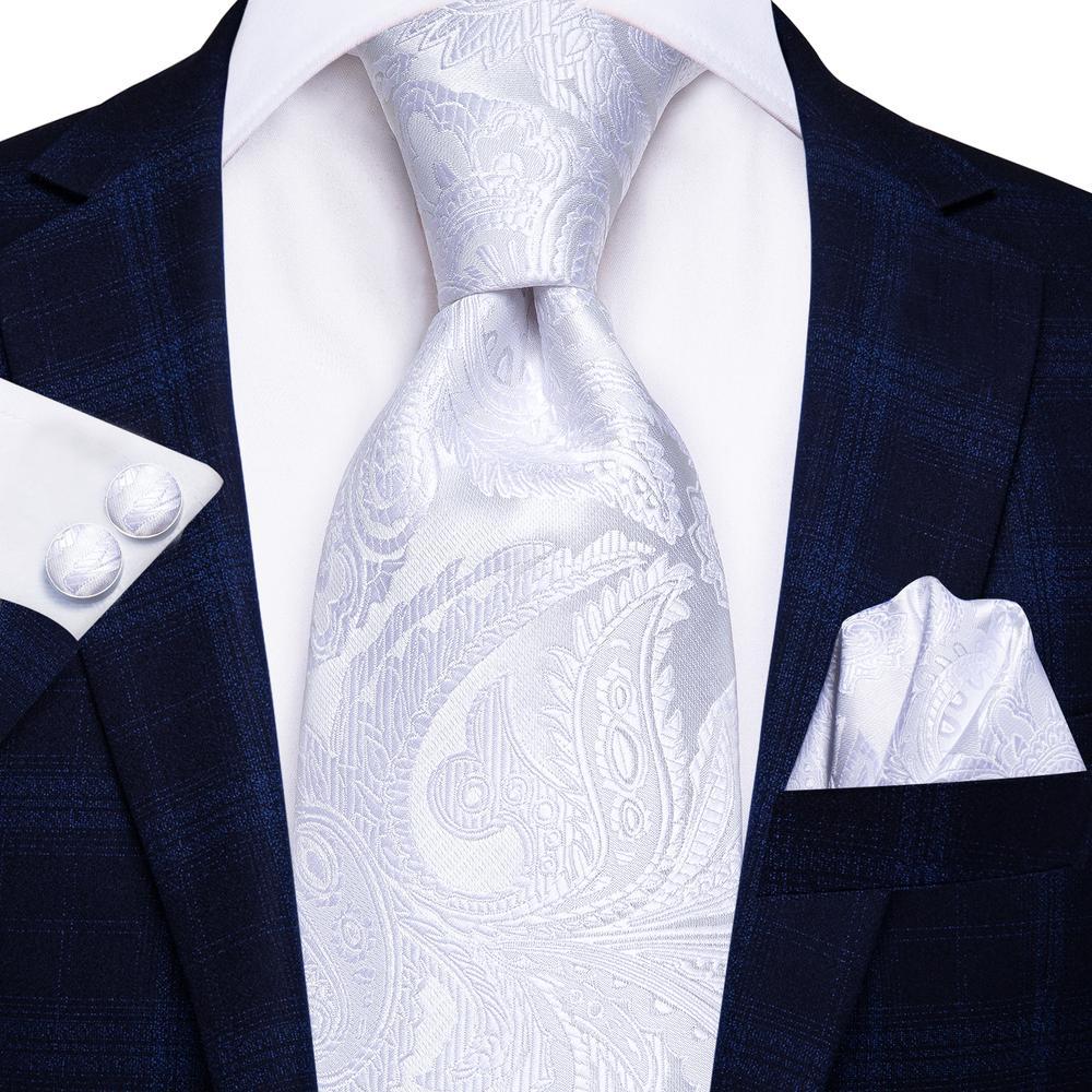 Pure White Paisley Tie Handkerchief Cufflinks Set with Wedding Brooch