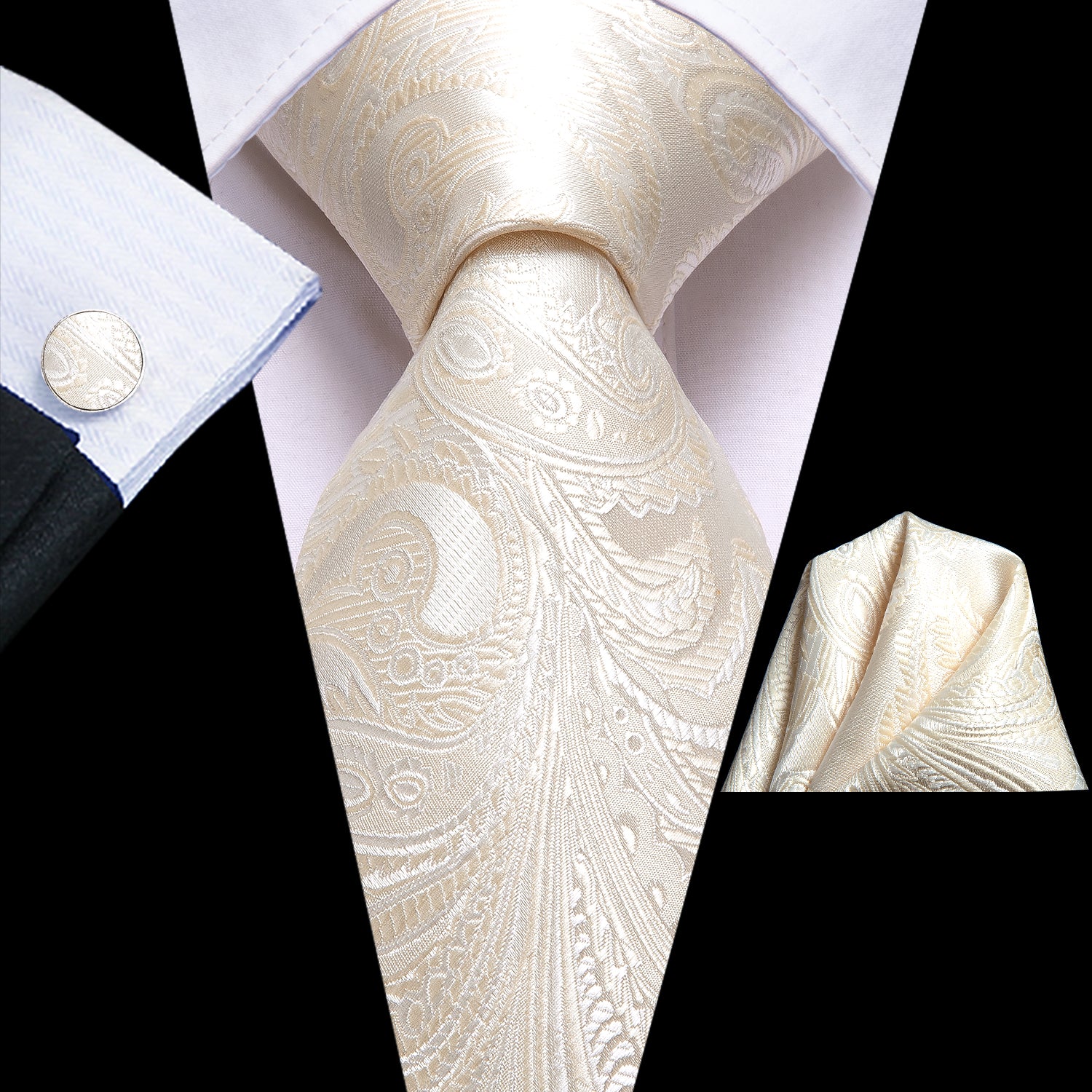 Beige Paisley Men's Necktie Pocket Square Cufflinks Set with Collar Pin
