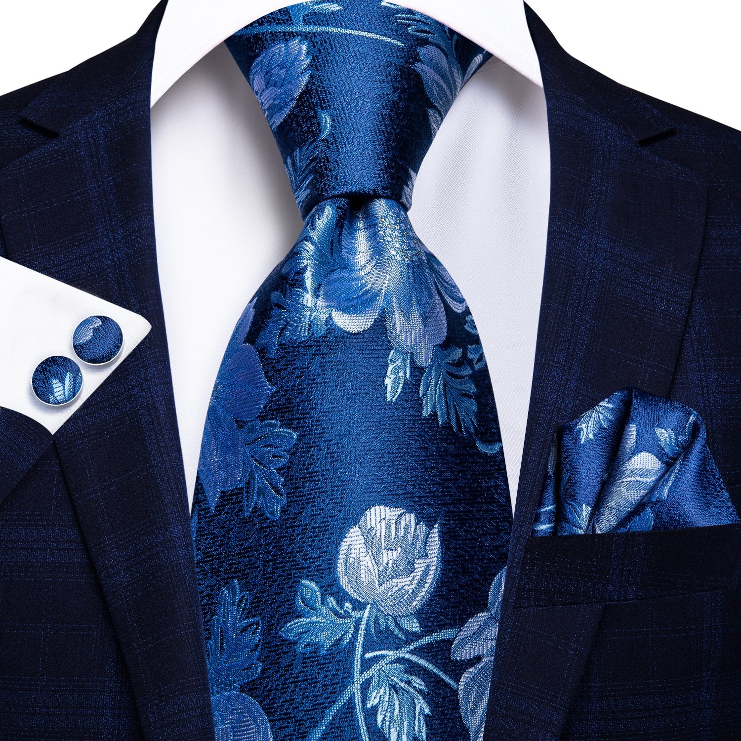 Blue Floral Tie Handkerchief Cufflinks Set with Wedding Brooch