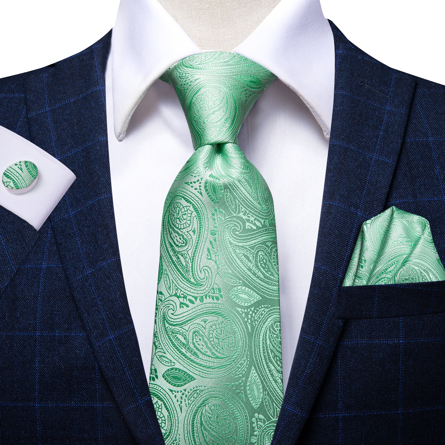 Light Green Paisley Necktie Pocket Square Cufflinks Set