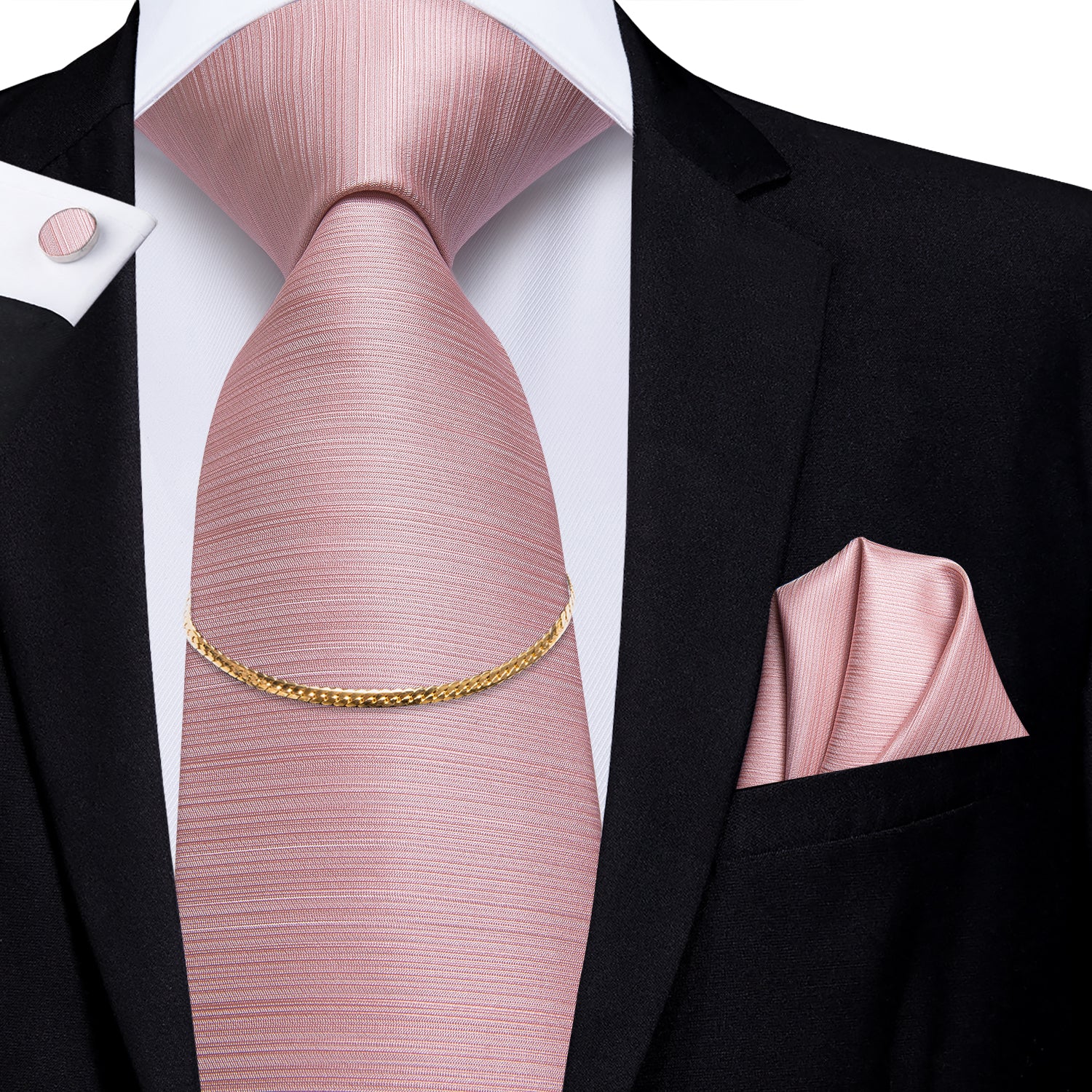 Baby Pink Solid Tie Pocket Square Cufflinks Set With Golden Chain