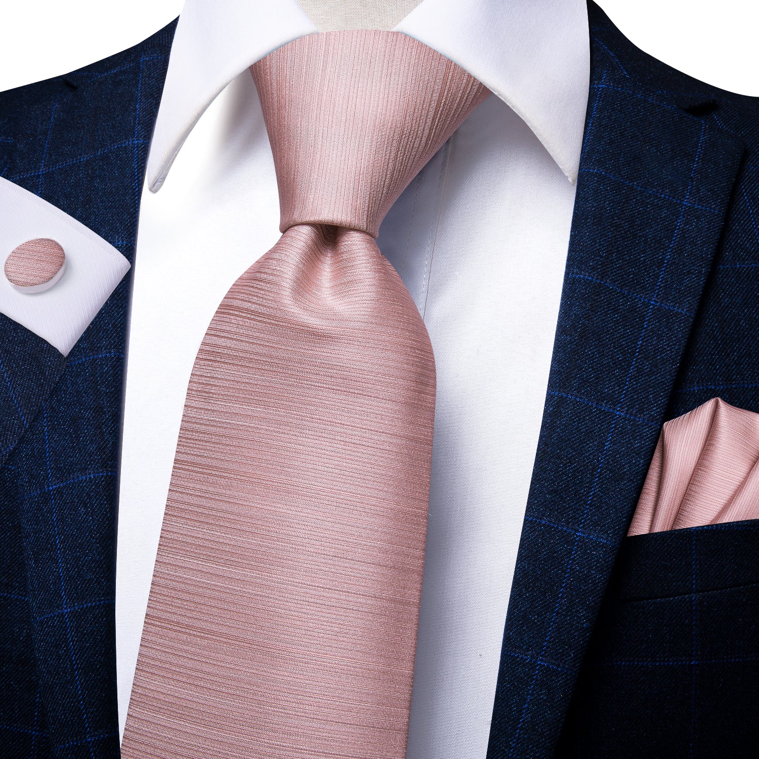 Baby Pink Solid Tie Pocket Square Cufflinks Set