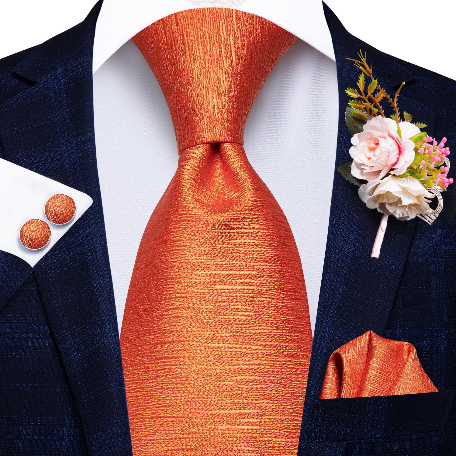 Orange Solid Tie Handkerchief Cufflinks Set with Wedding Brooch