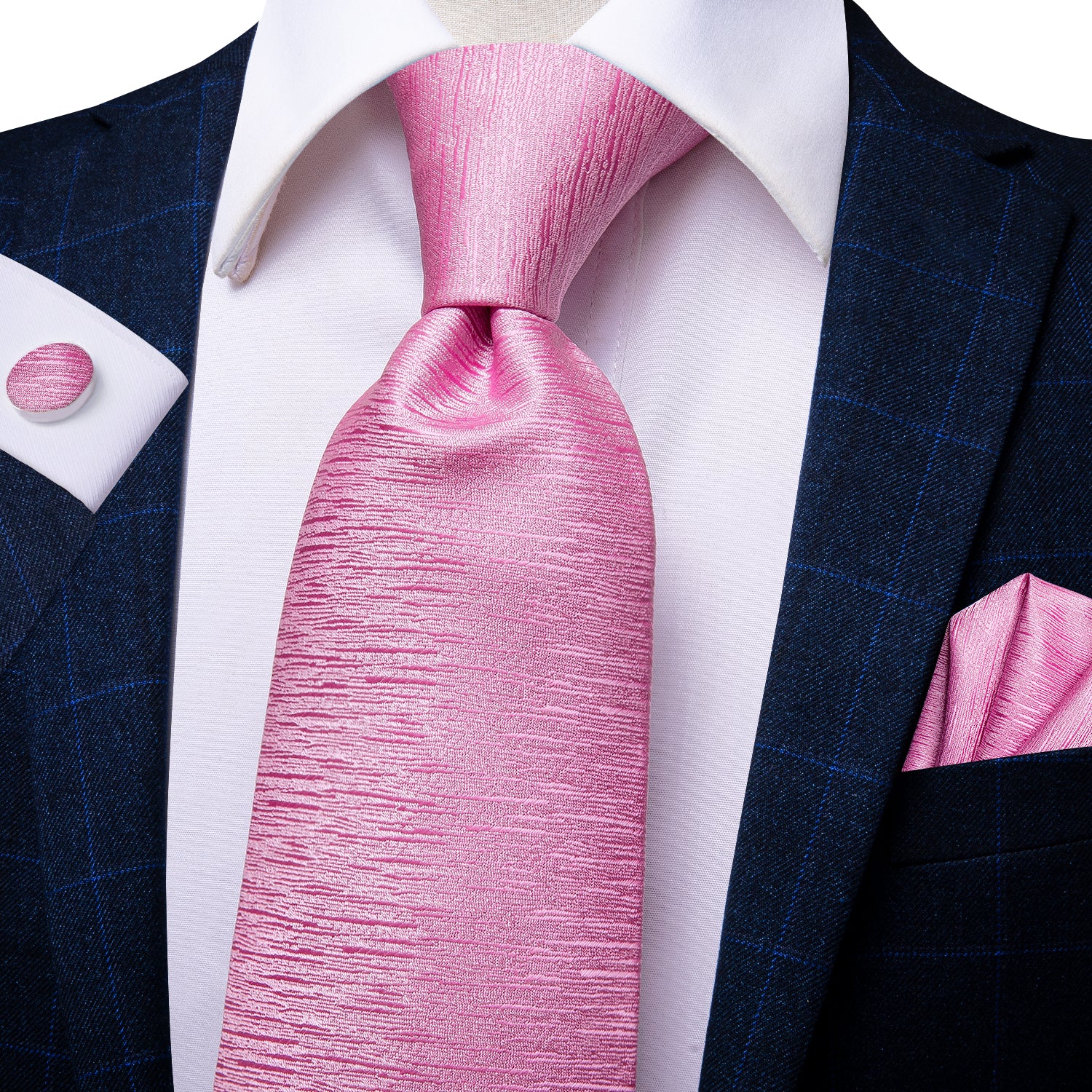 Baby Pink Solid Tie Pocket Square Cufflinks Set