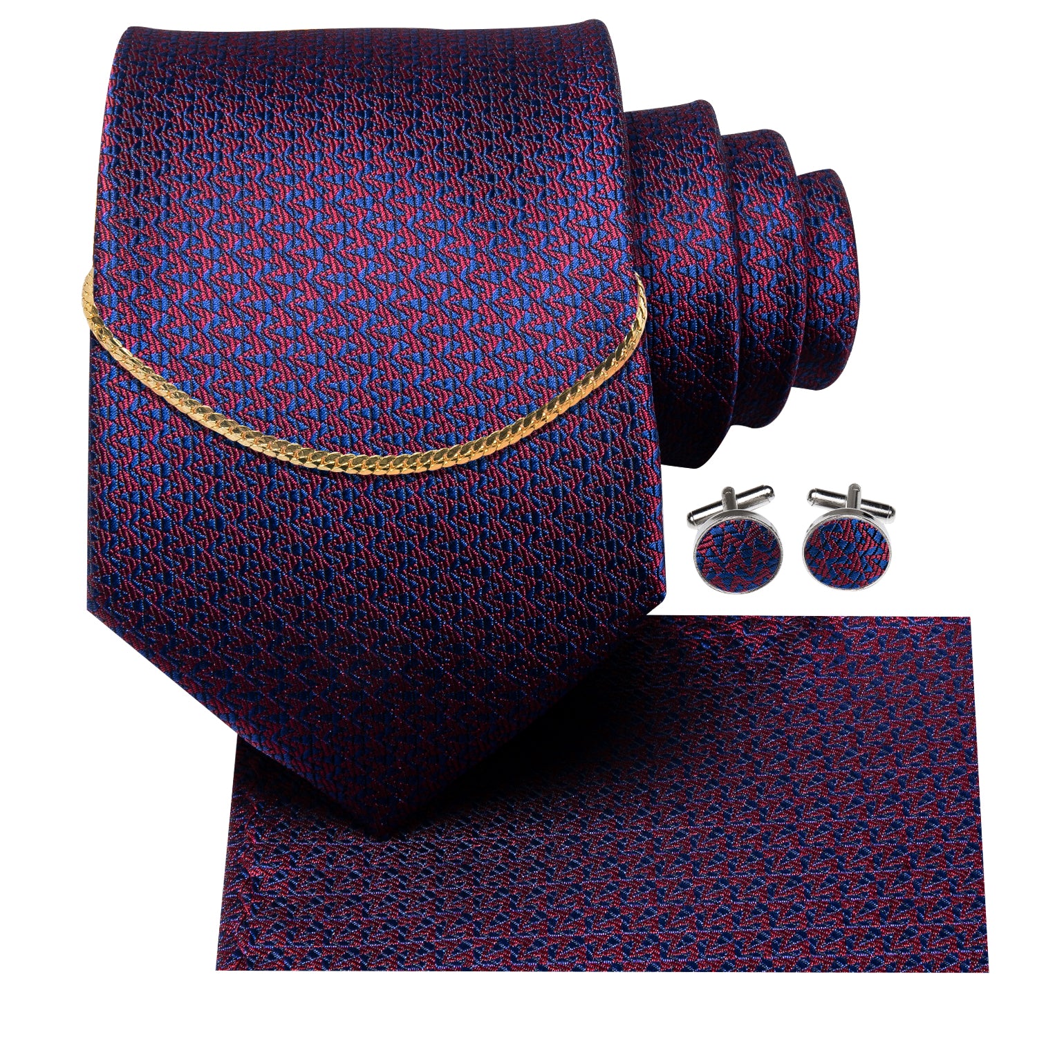 Red Blue Striped Silk Men's Silk Tie Hanky Cufflinks Set With Golden Chain