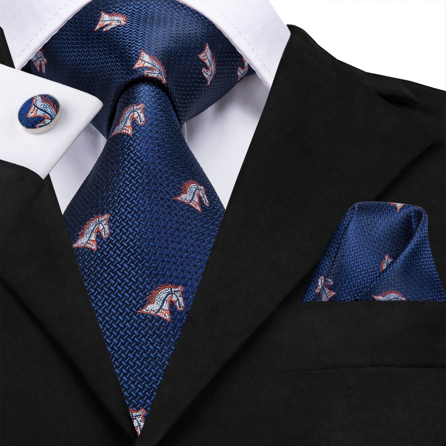 Navy Blue Horse Novelty Men's Silk Tie Hanky Cufflinks Set