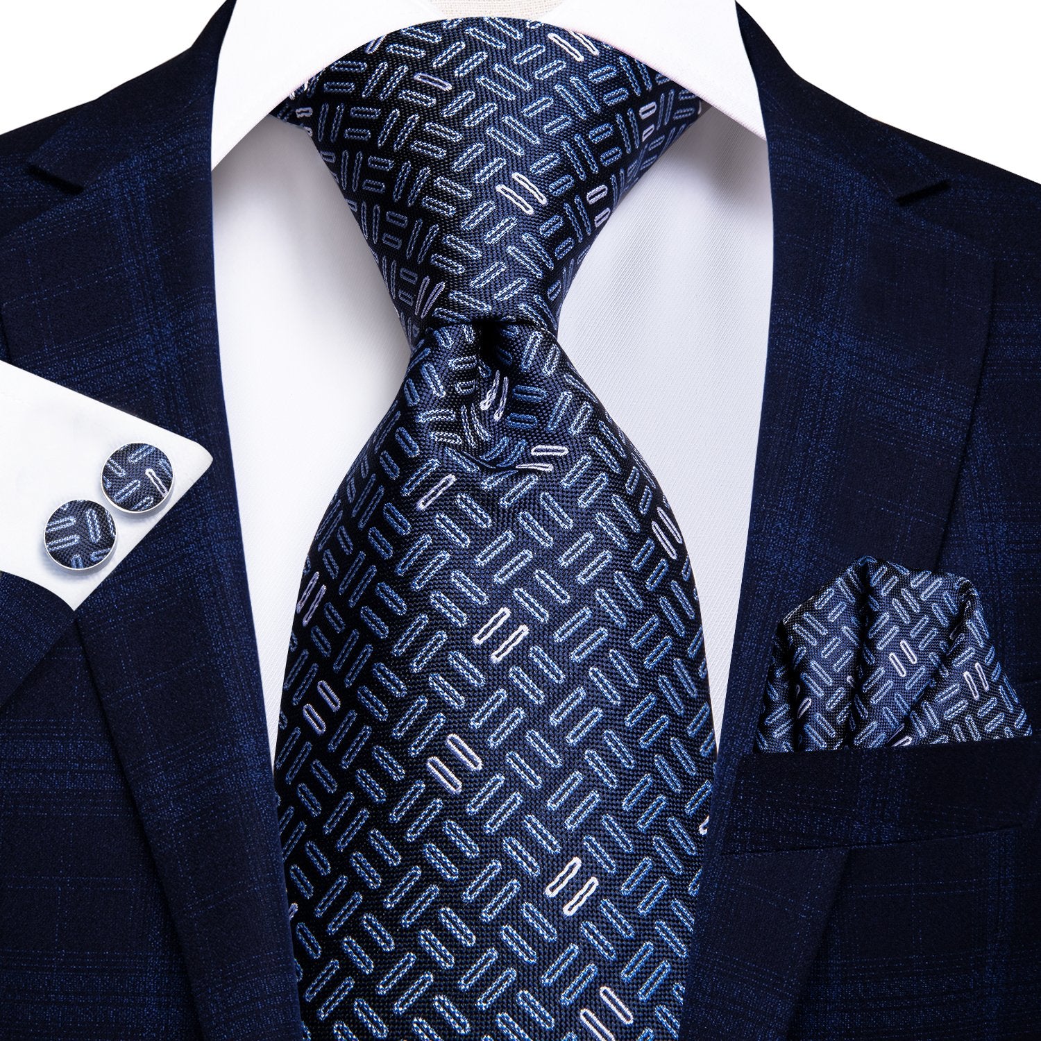 Novelty Blue Stripe Tie Handkerchief Cufflinks Set with Wedding Brooch