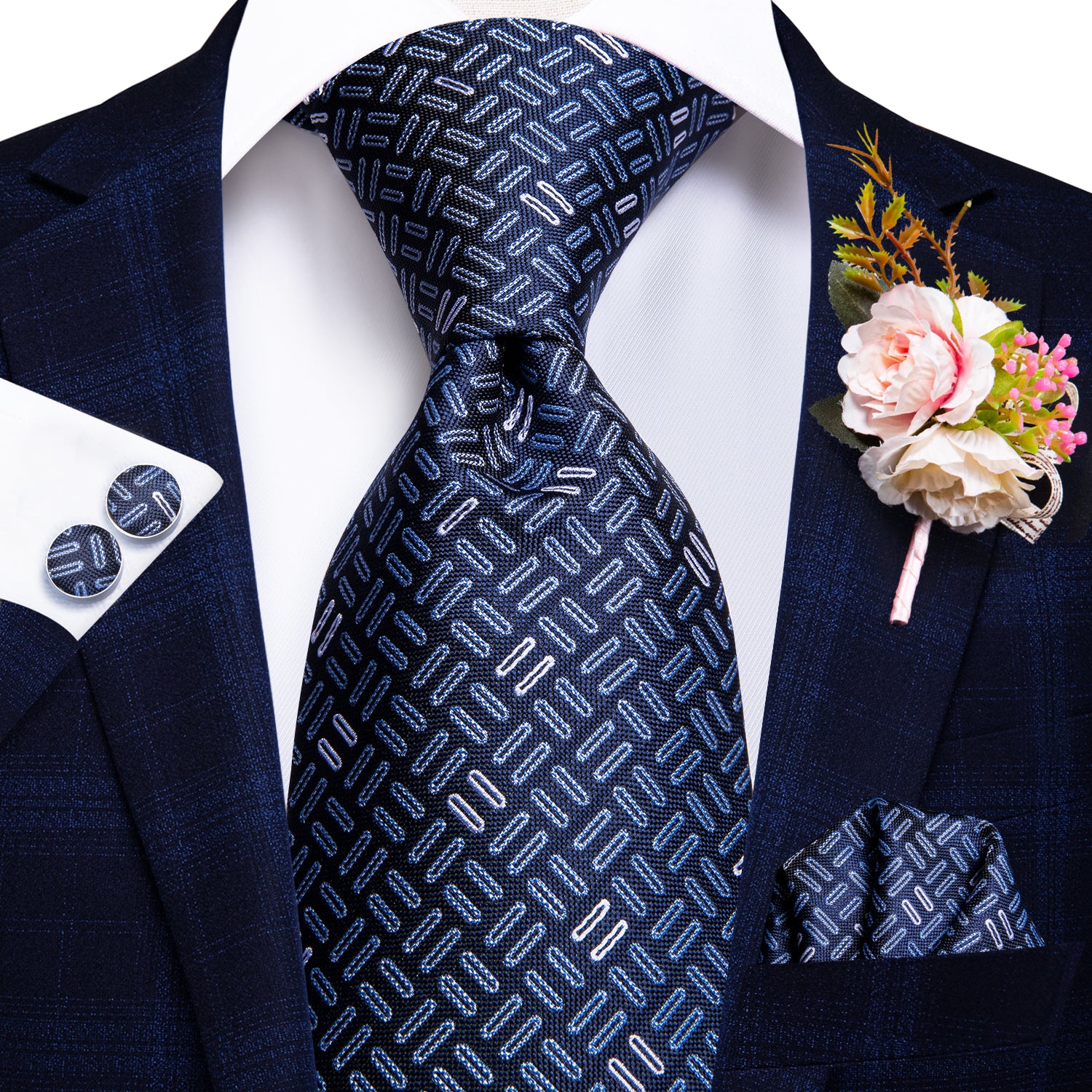 Novelty Blue Stripe Tie Handkerchief Cufflinks Set with Wedding Brooch