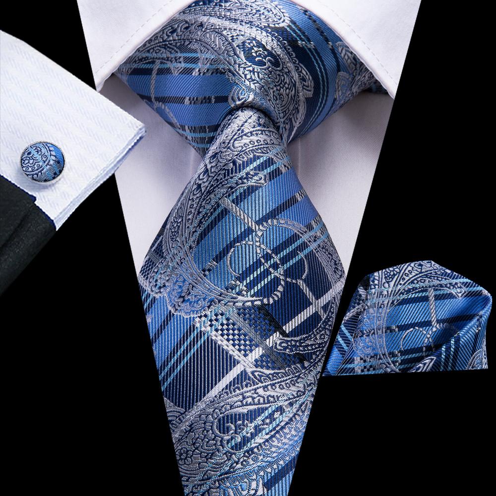Blue Paisley Necktie Pocket Square Cufflinks Set