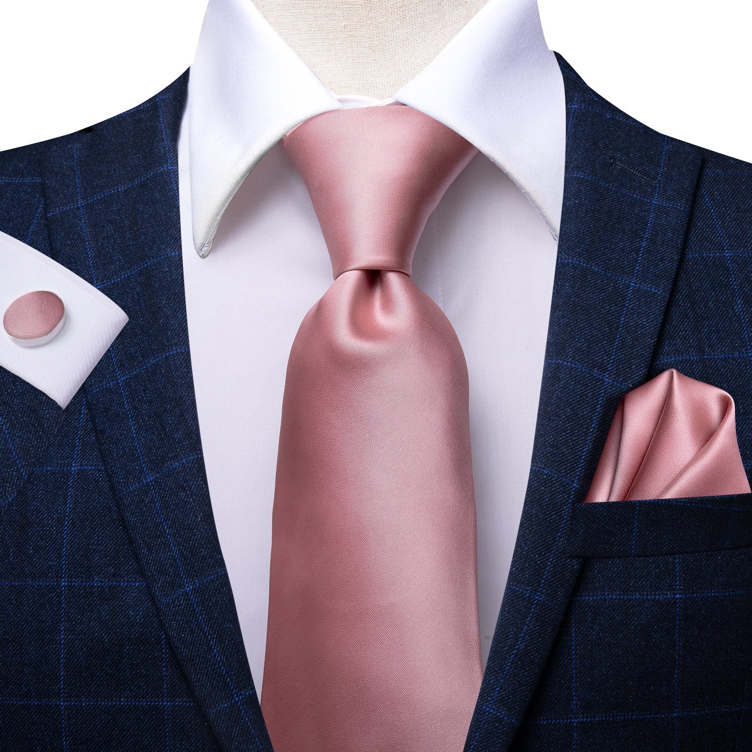 Unique Pink Solid Tie Handkerchief Cufflinks Set with Wedding Brooch