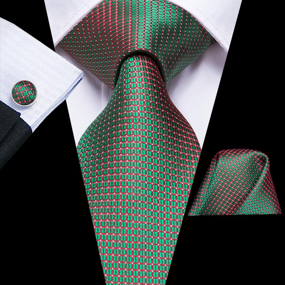 Shining Green Plaid Tie Pocket Square Cufflinks Set