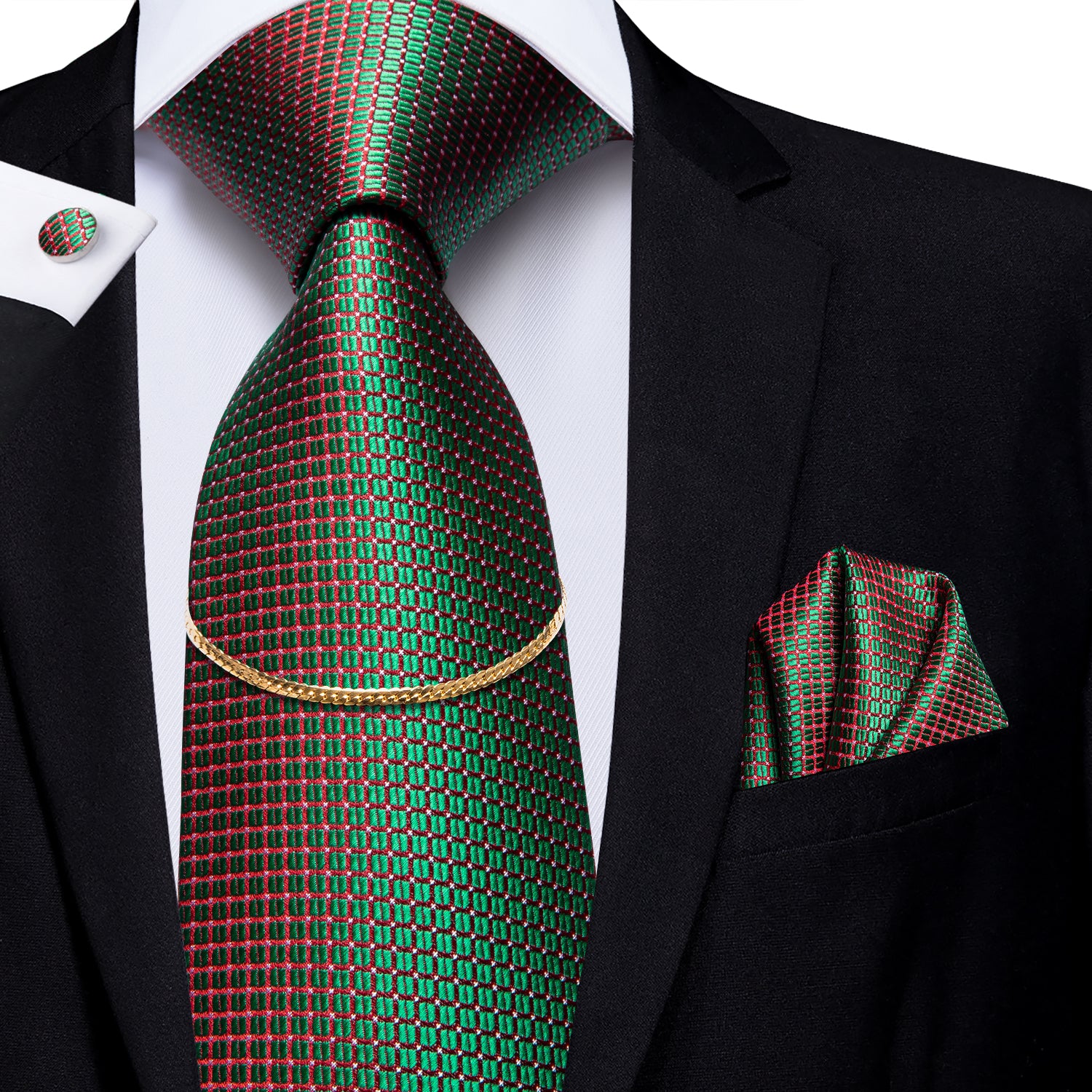Shining Green Plaid Tie Pocket Square Cufflinks Set With Golden Chain