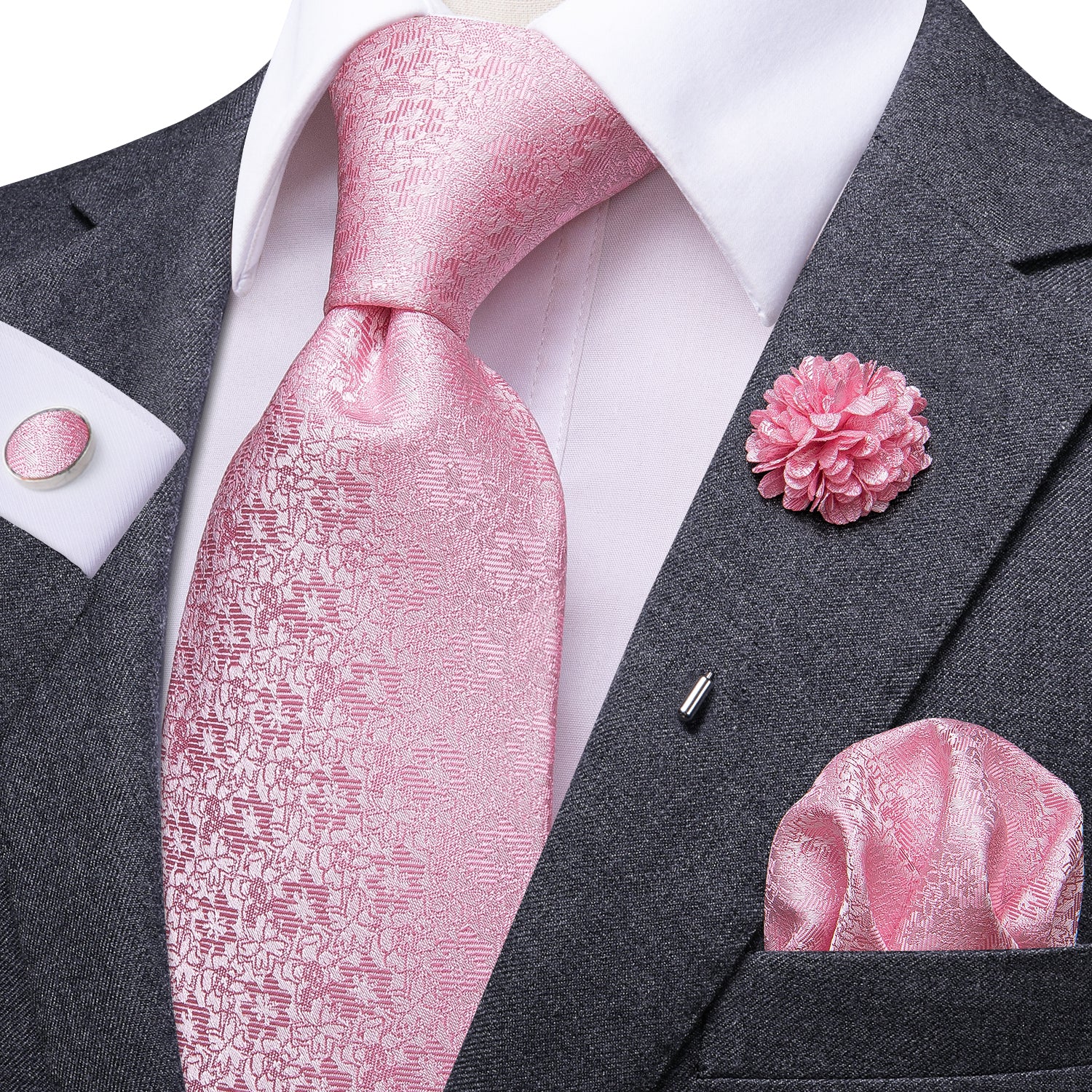 Silver Pink Floral Men's Tie Pocket Square Cufflinks Set  with Brooch