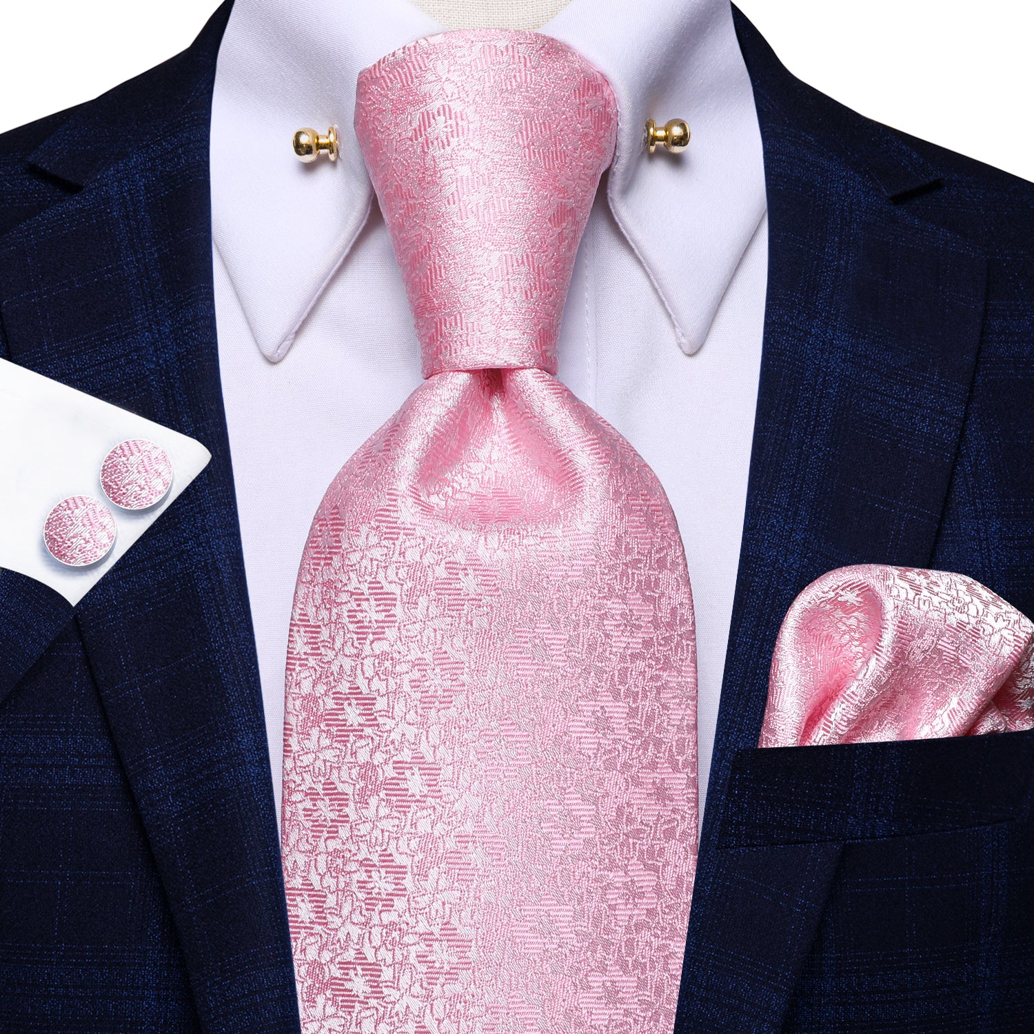 Silver Pink Floral Men's Tie Pocket Square Cufflinks Set with Collar Pin
