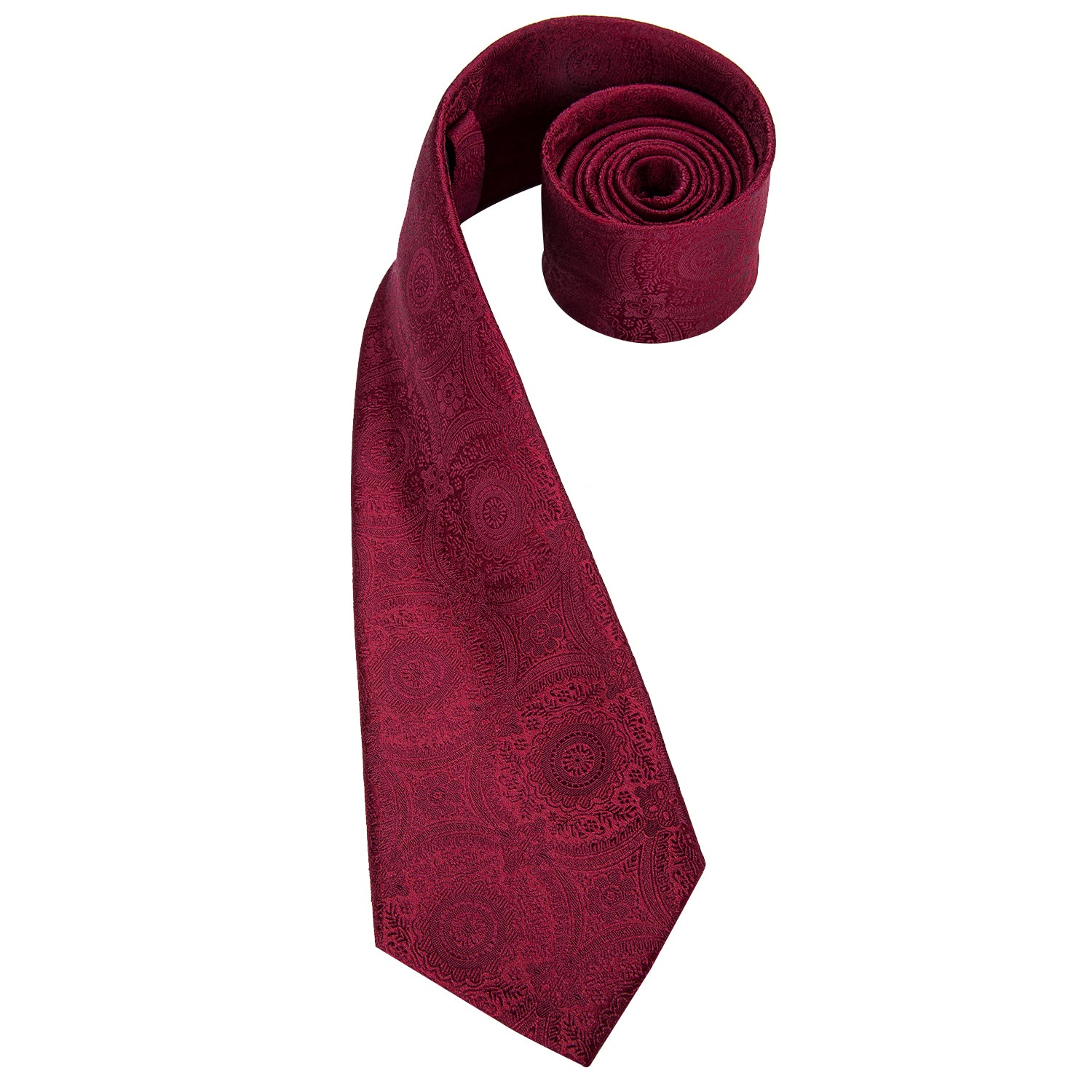 Men's Solid Wine Red Floral Necktie Pocket Square Cufflinks Set