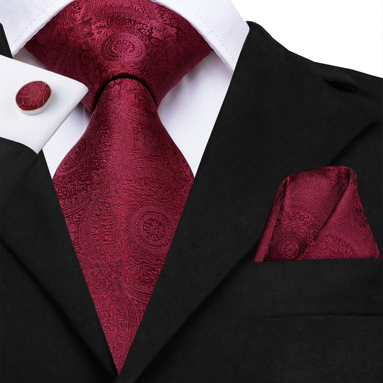 Men's Solid Wine Red Floral Necktie Pocket Square Cufflinks Set