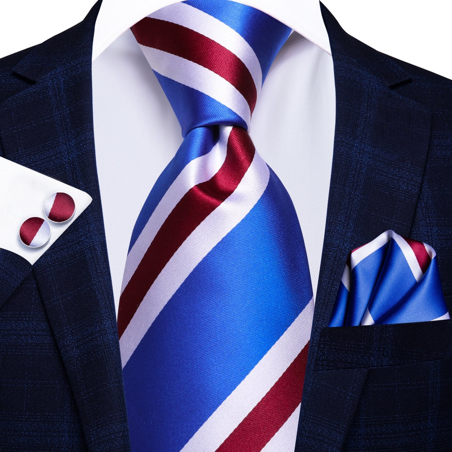Blue Red White Tie Handkerchief Cufflinks Set with Wedding Brooch