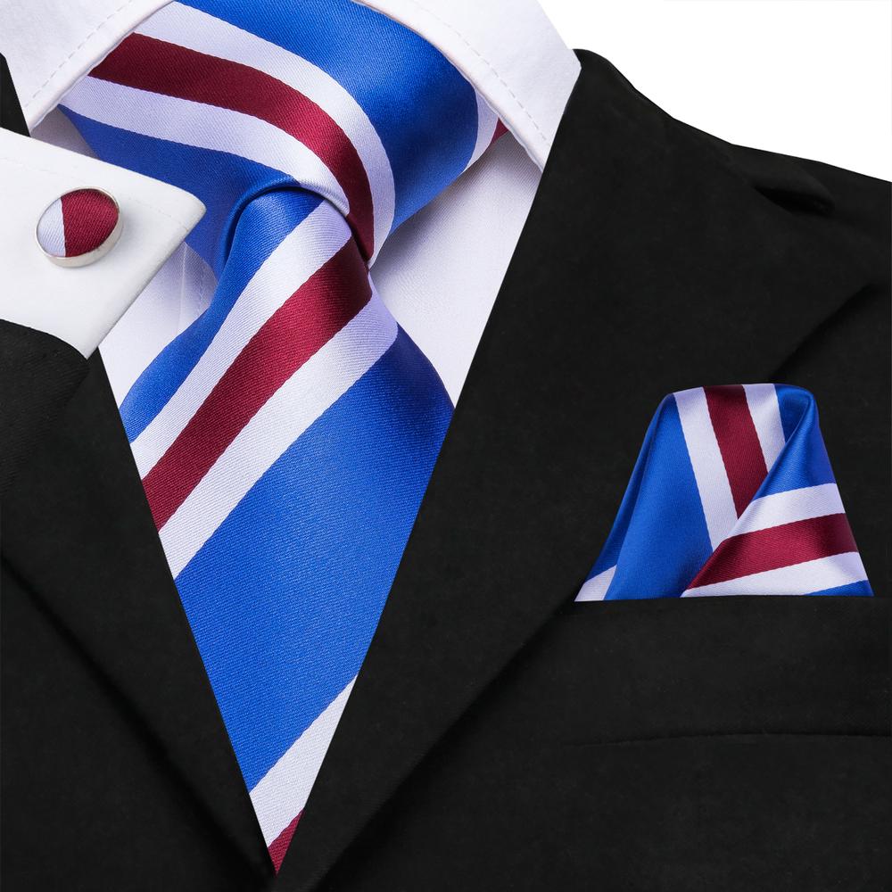 Blue Red White Necktie Pocket Square Cufflinks Set
