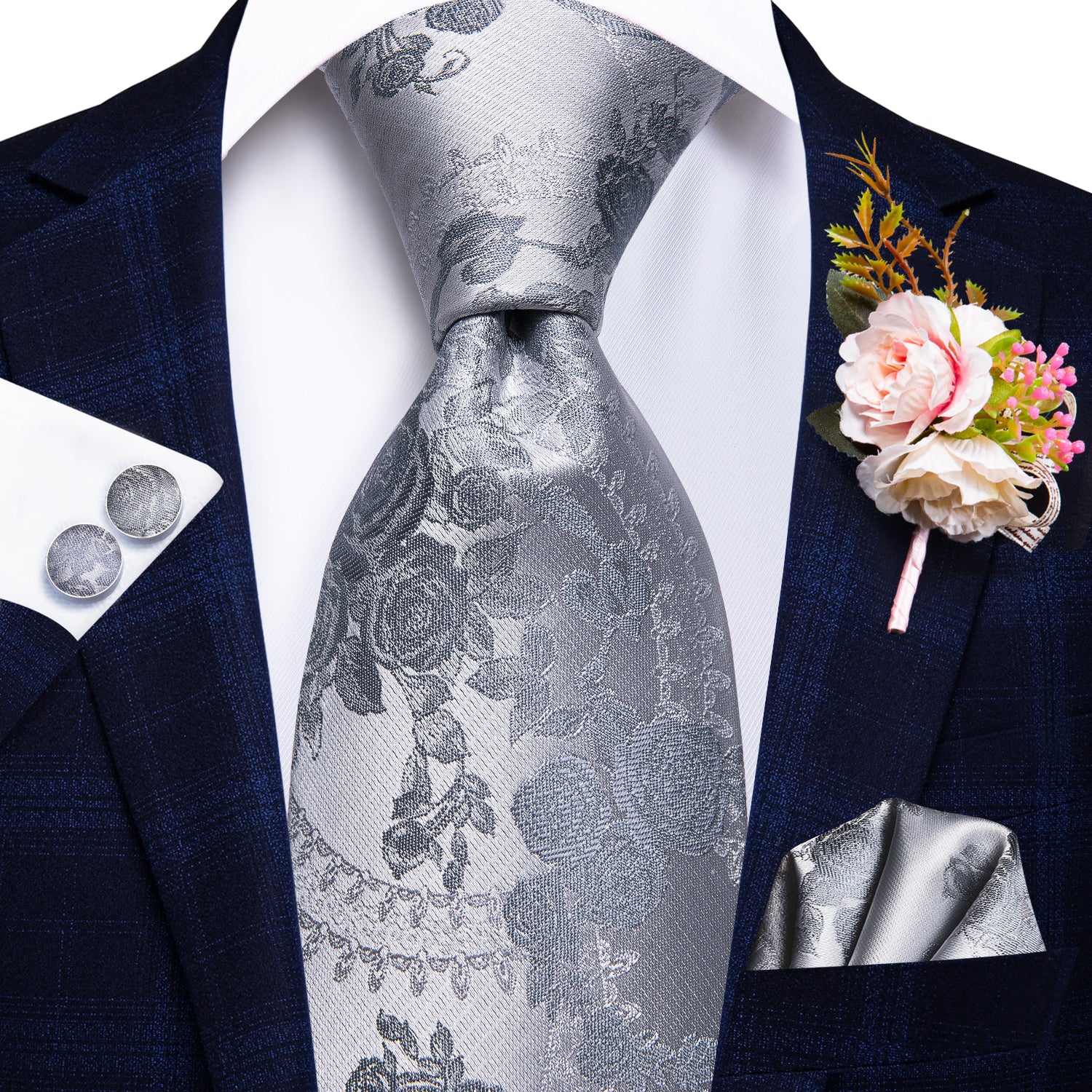 Solid Grey Floral Tie Handkerchief Cufflinks Set with Wedding Brooch