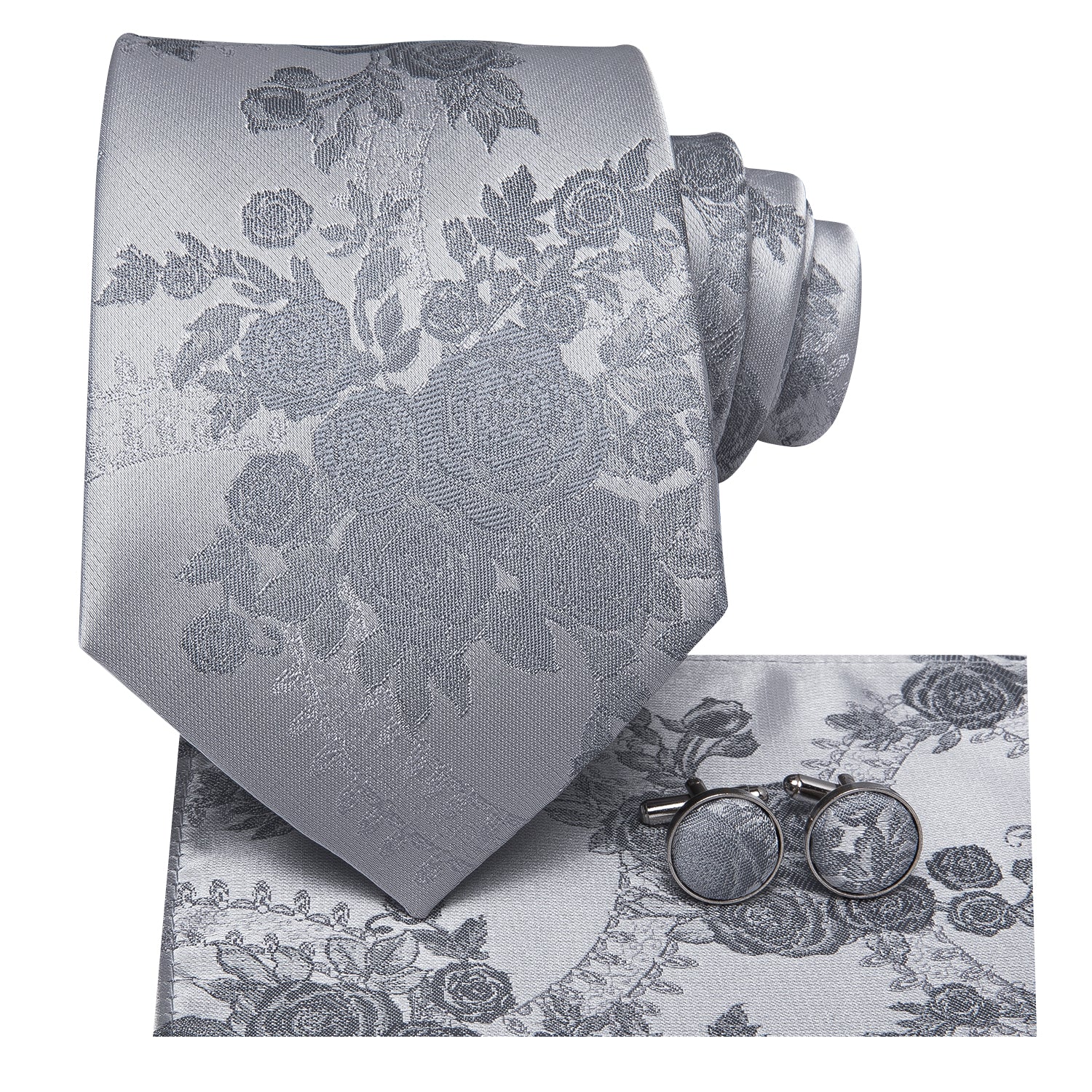 Solid Grey Floral Tie Pocket Square Cufflinks Set