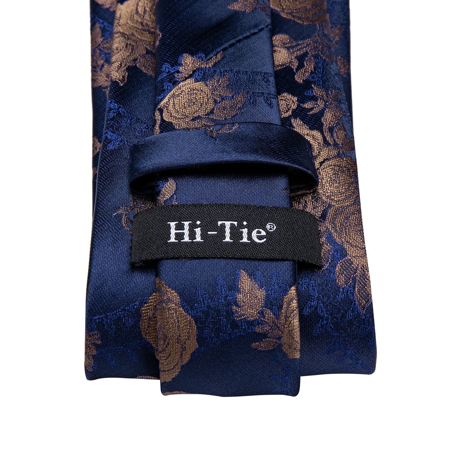 Hi-Tie DarkBlue Floral Tie with Brown Roses Pocket Square Cufflinks Set and Collar Pin