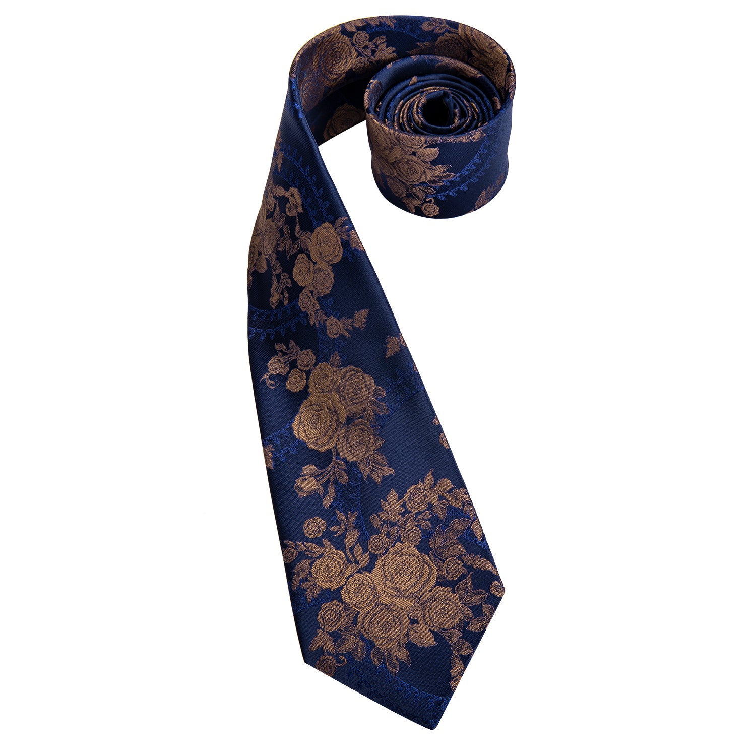 Hi-Tie DarkBlue Floral Tie with Brown Roses Pocket Square Cufflinks Set
