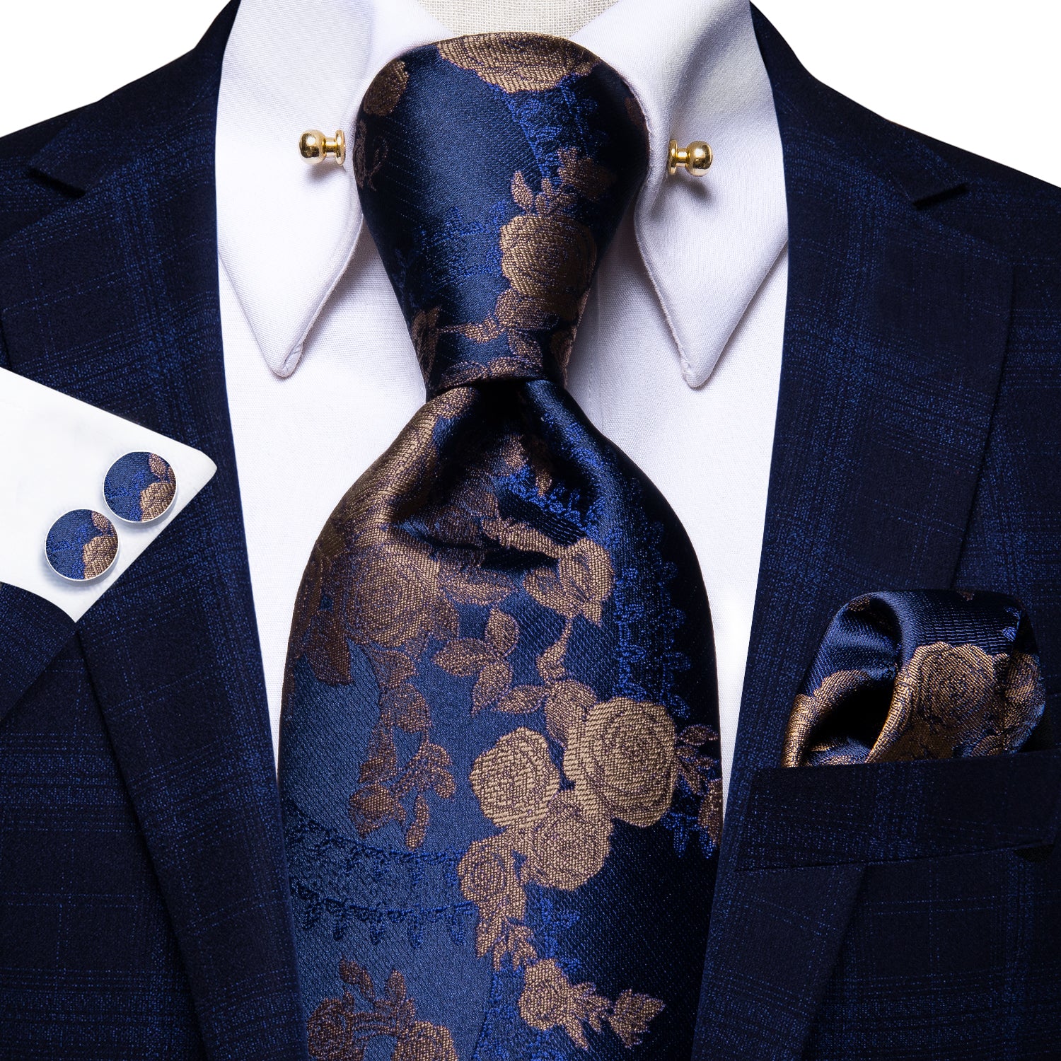 Luxury Gold Floral Solid Blue Tie Pocket Square Cufflinks Set with Collar Pin