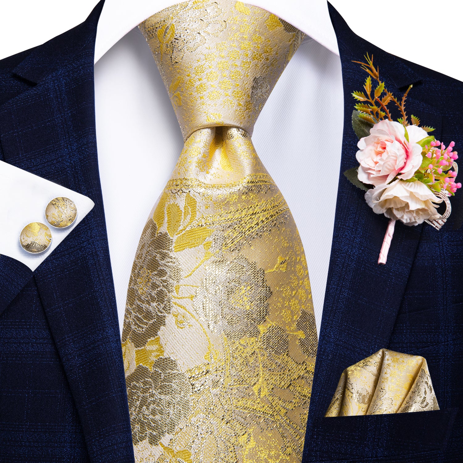 Light Yellow Gold Floral Tie Handkerchief Cufflinks Set with Wedding Brooch