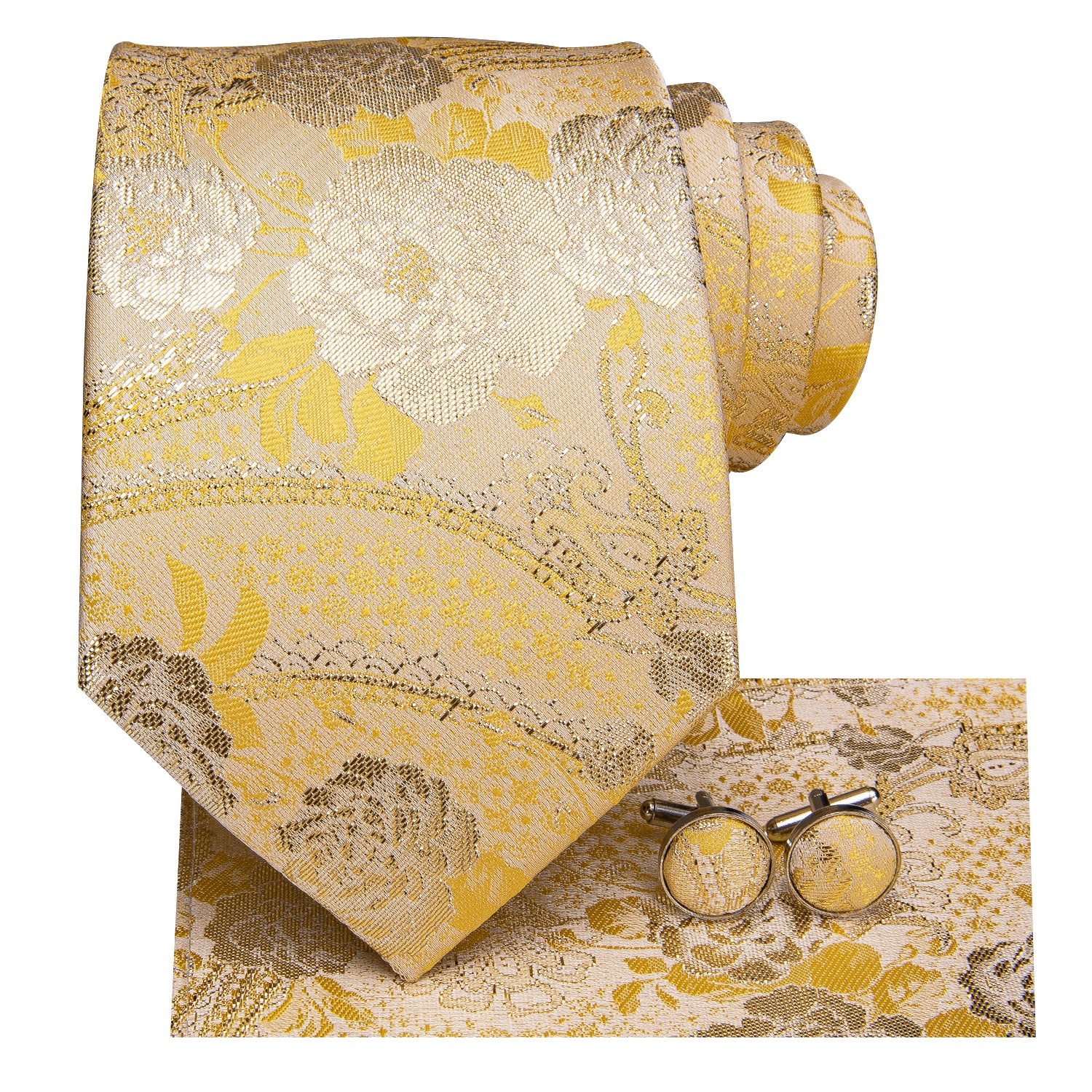 Light Yellow Gold Floral Tie Pocket Square Cufflinks Set