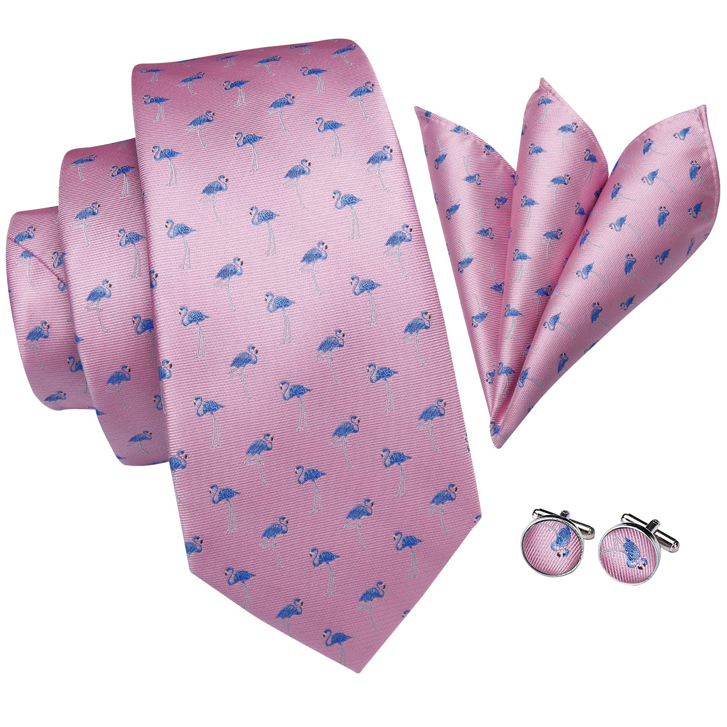 Blue Flamingo Pink Tie Pocket Square Cufflinks Set