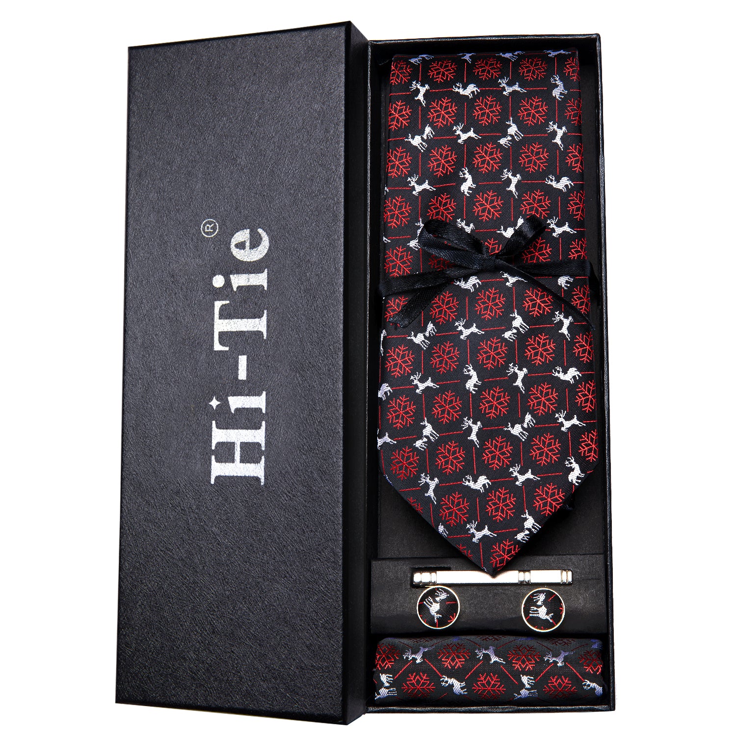 Black Snow Flake Silk Necktie Pocket Square Cufflinks Gift Box Set