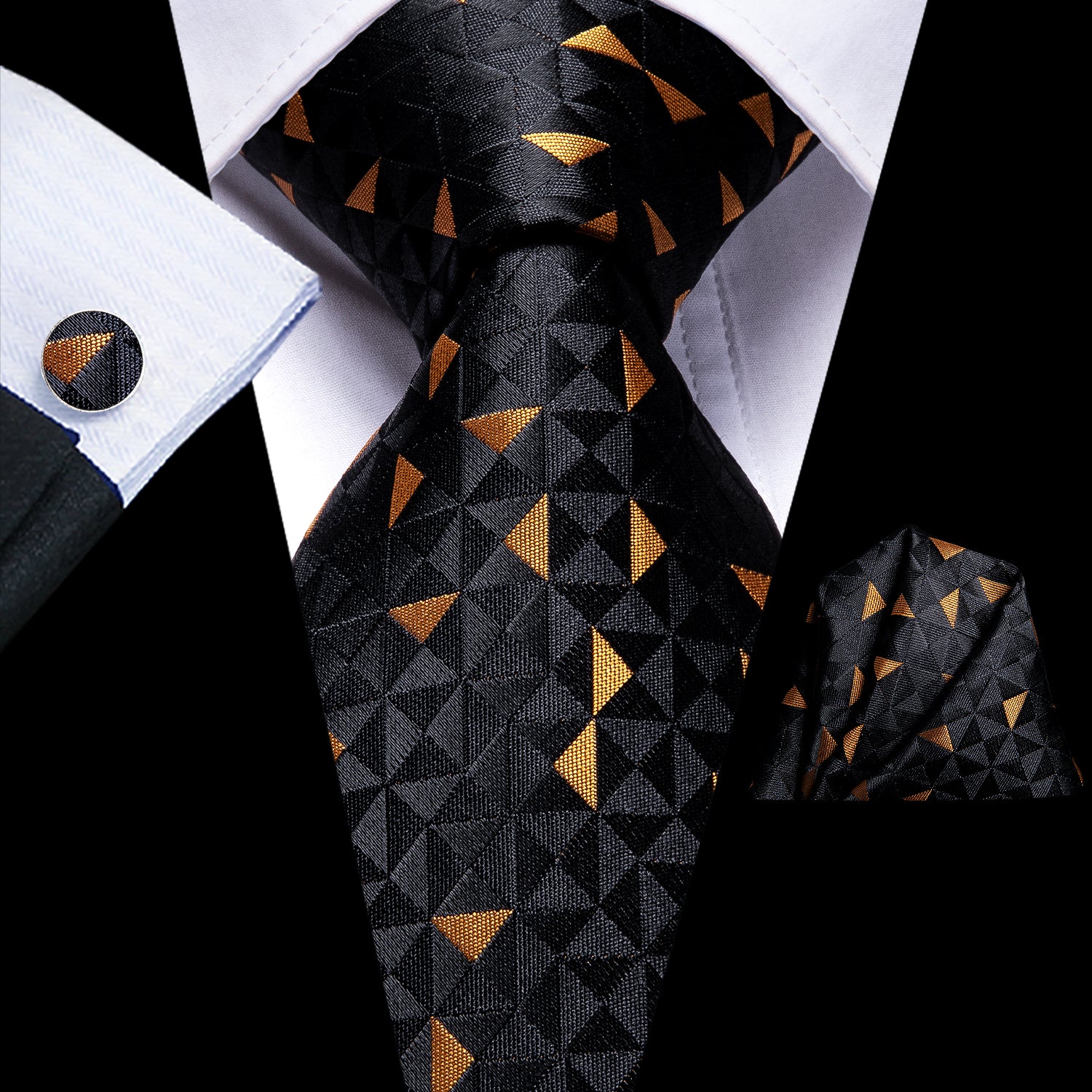 Black Golden Plaid Tie Pocket Square Cufflinks Set