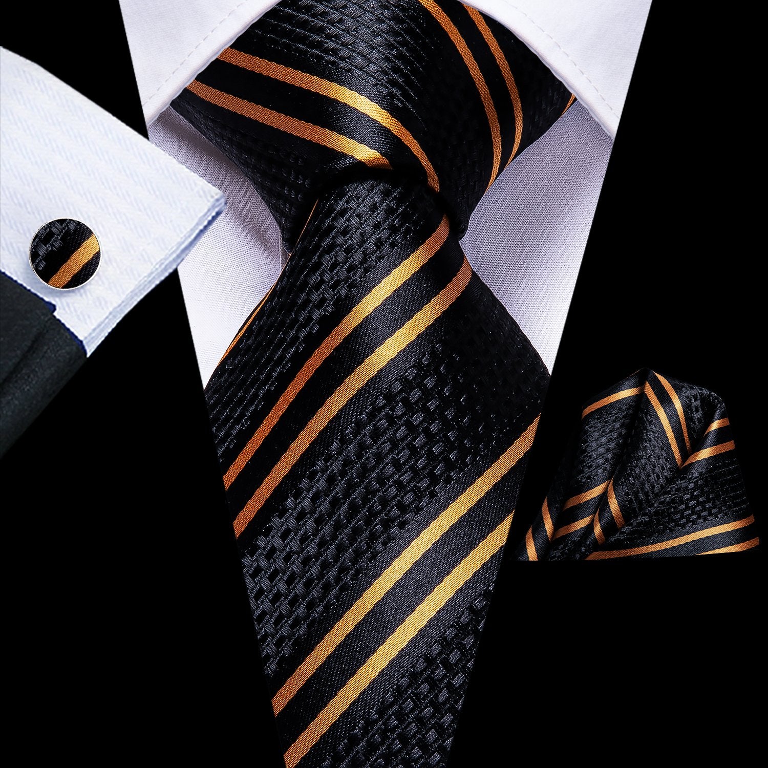 Black Golden Striped Silk 63 Inches Extra Long Men's Tie Set Tie Pocket Square Cufflinks Set
