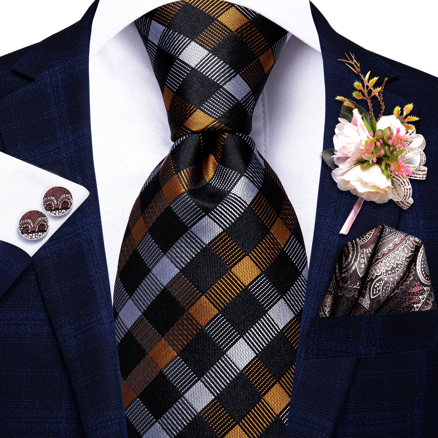 Black Golden White Plaid Tie Pocket Square Cufflinks Set with Wedding Brooch