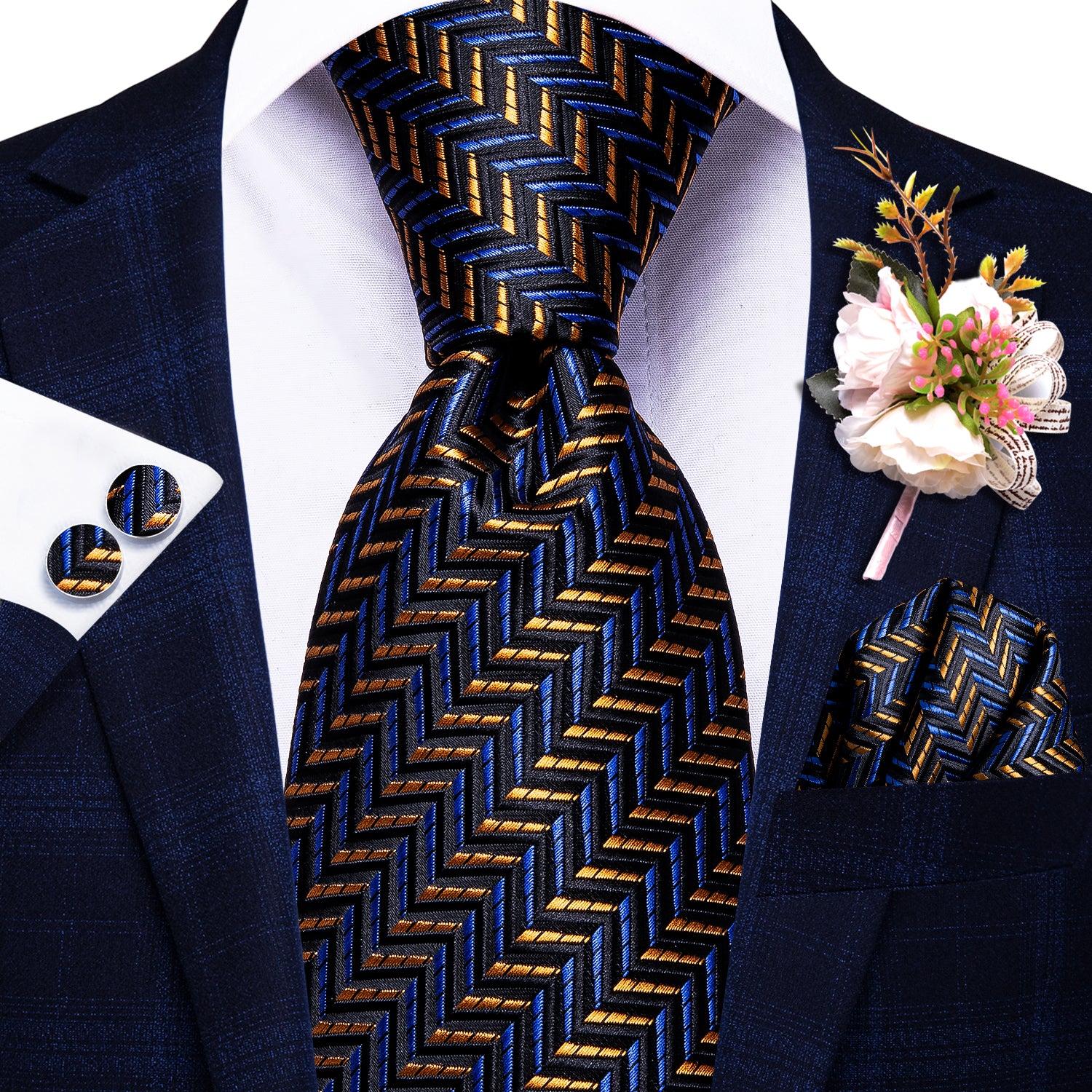 Black Golden Striped Tie Handkerchief Cufflinks Set with Wedding Brooch