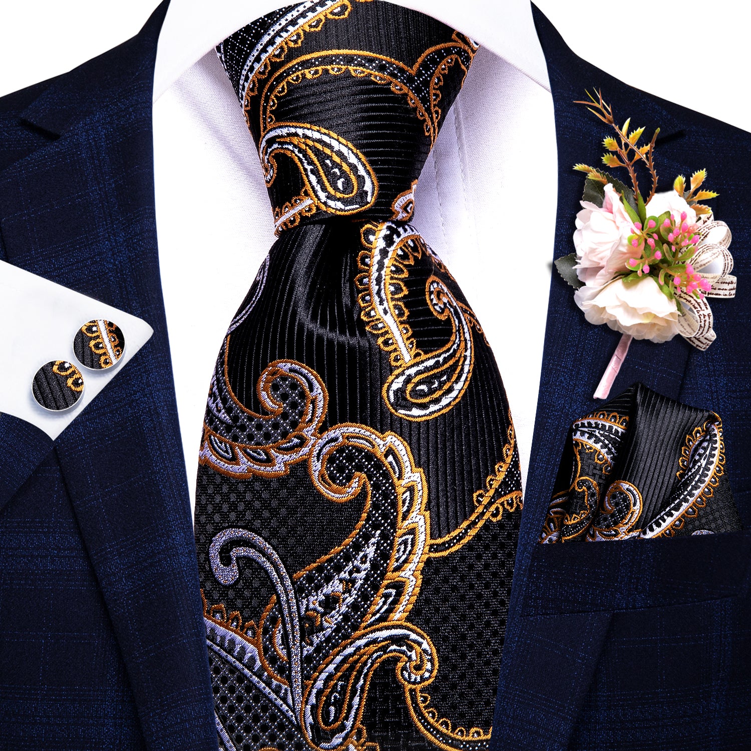 Black Golden Paisley Tie Handkerchief Cufflinks Set with Wedding Brooch
