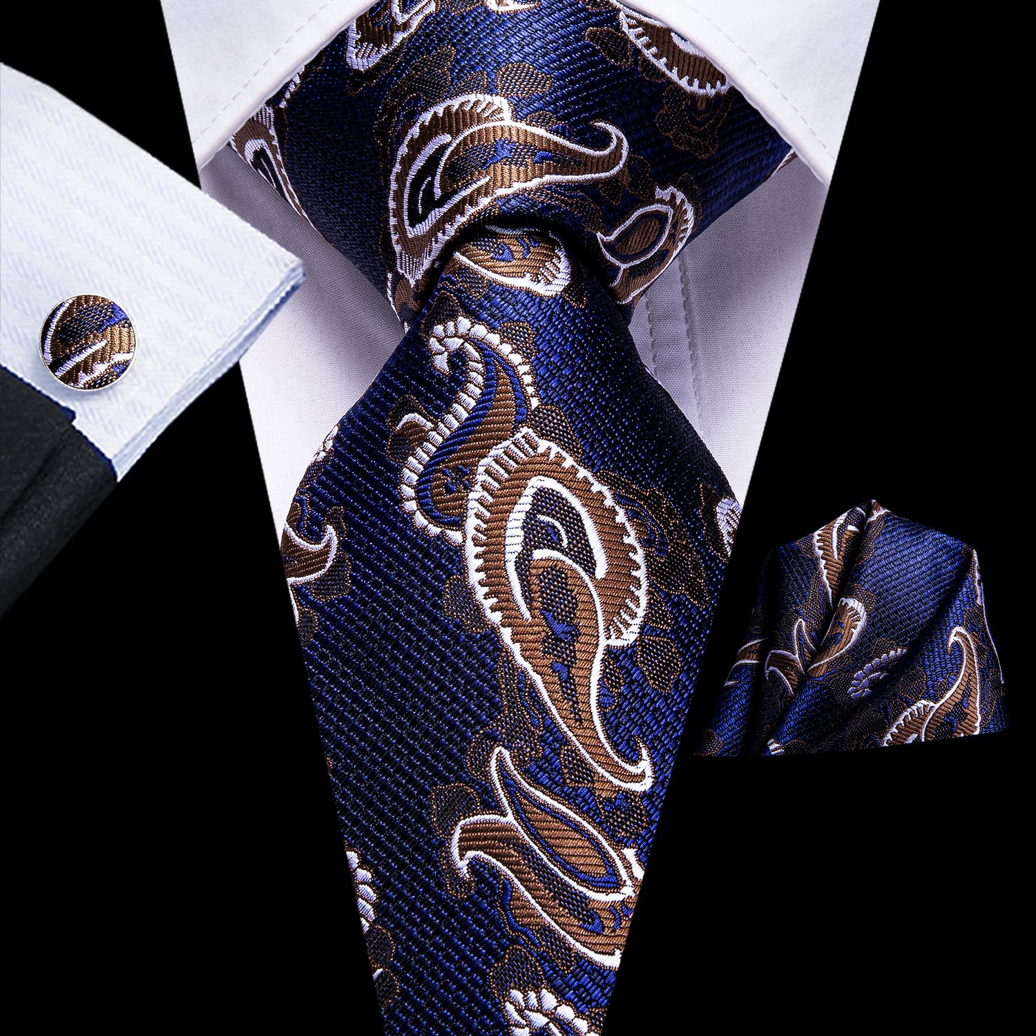 Blue Brown Paisley Tie Pocket Square Cufflinks Set