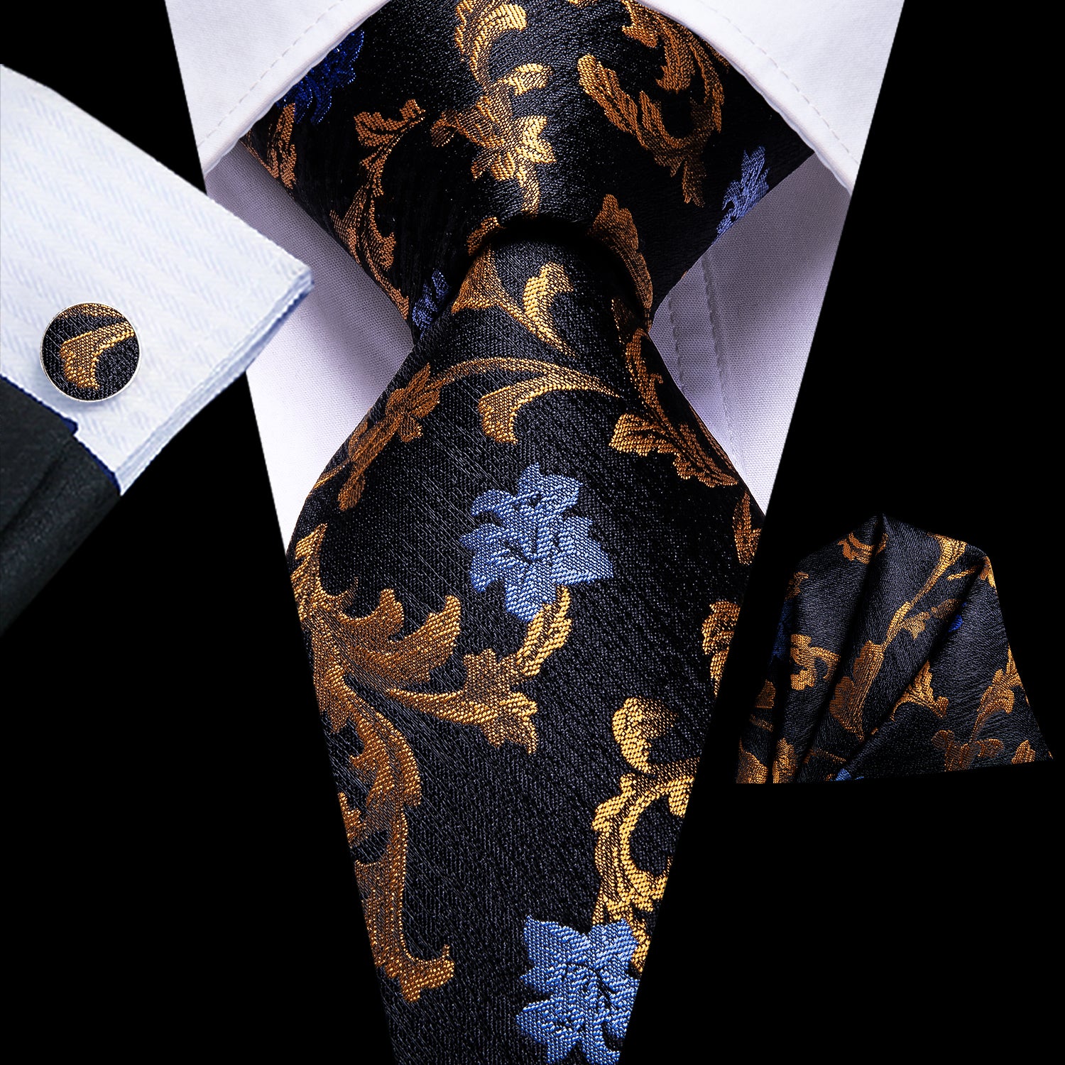 Black Golden Floral Tie Pocket Square Cufflinks Set