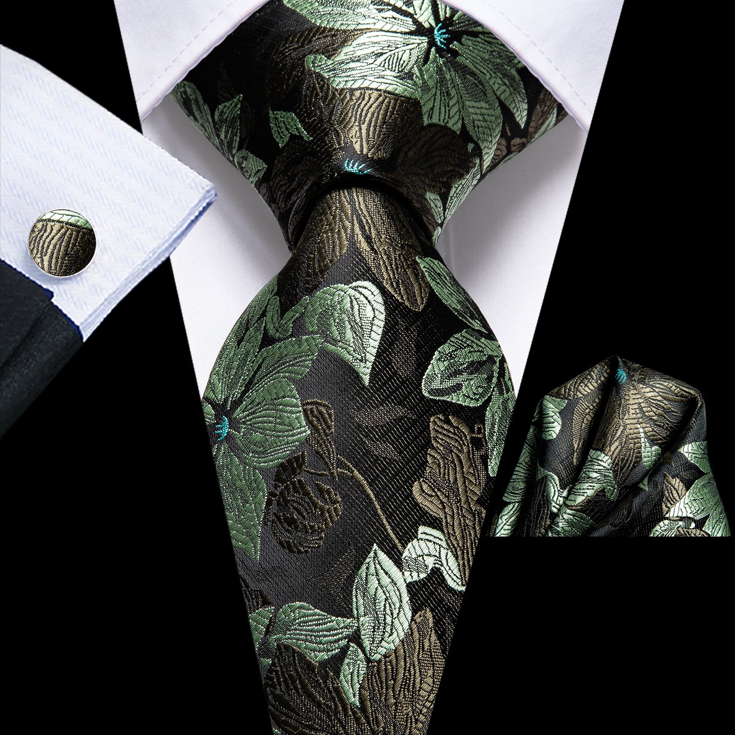 Black Green Floral Tie Pocket Square Cufflinks Set