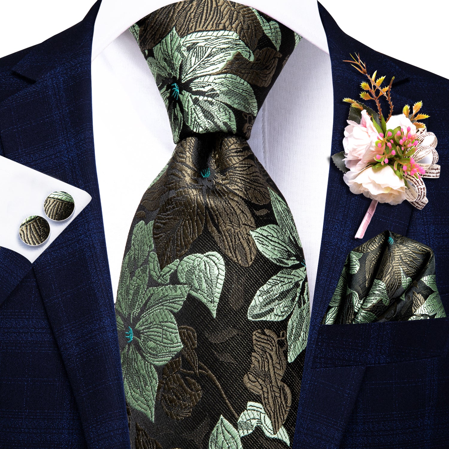 Black Green Floral Tie Handkerchief Cufflinks Set with Wedding Brooch