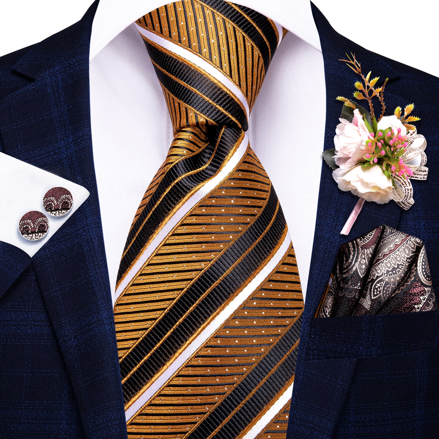 Golden Black Striped Tie Pocket Square Cufflinks Set with Wedding Brooch