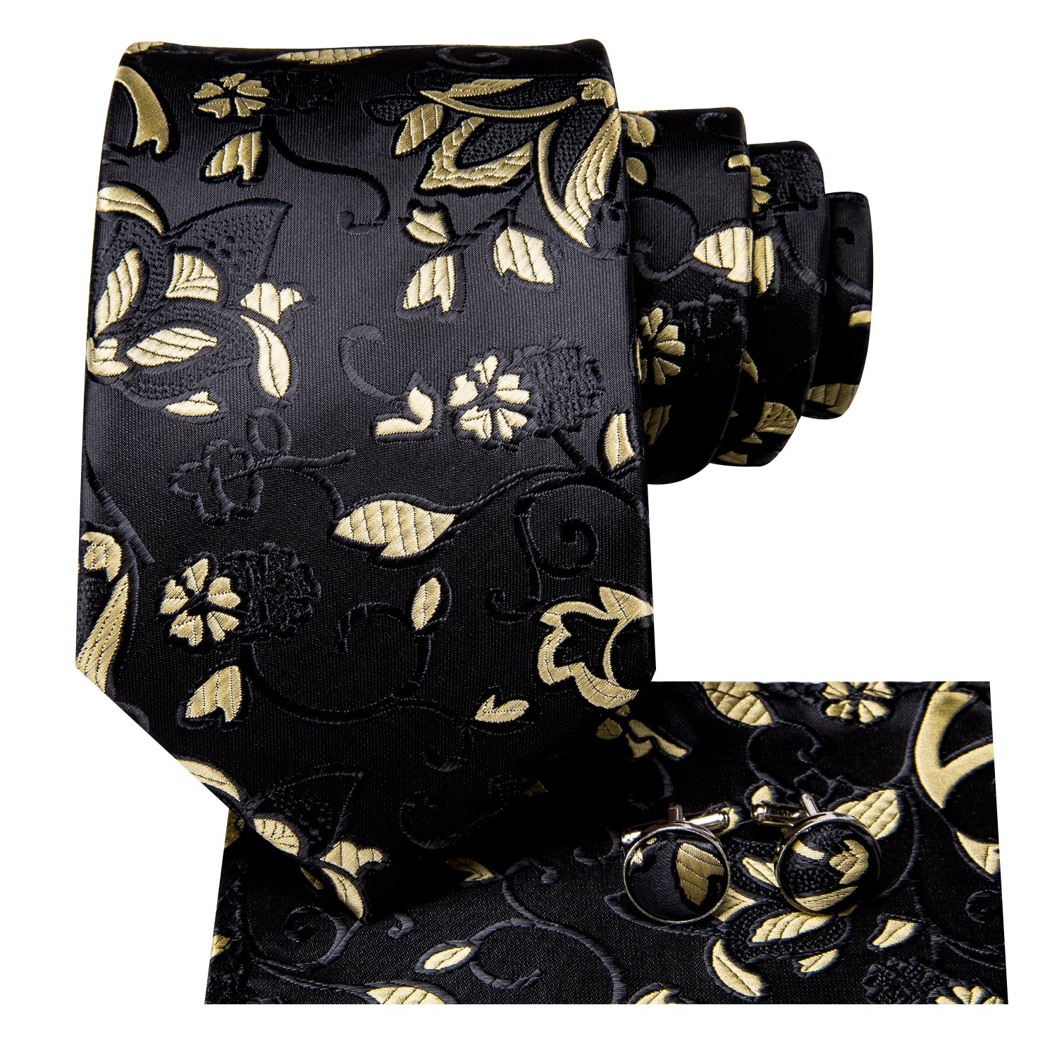 Black Yellow Floral Tie Pocket Square Cufflinks Set