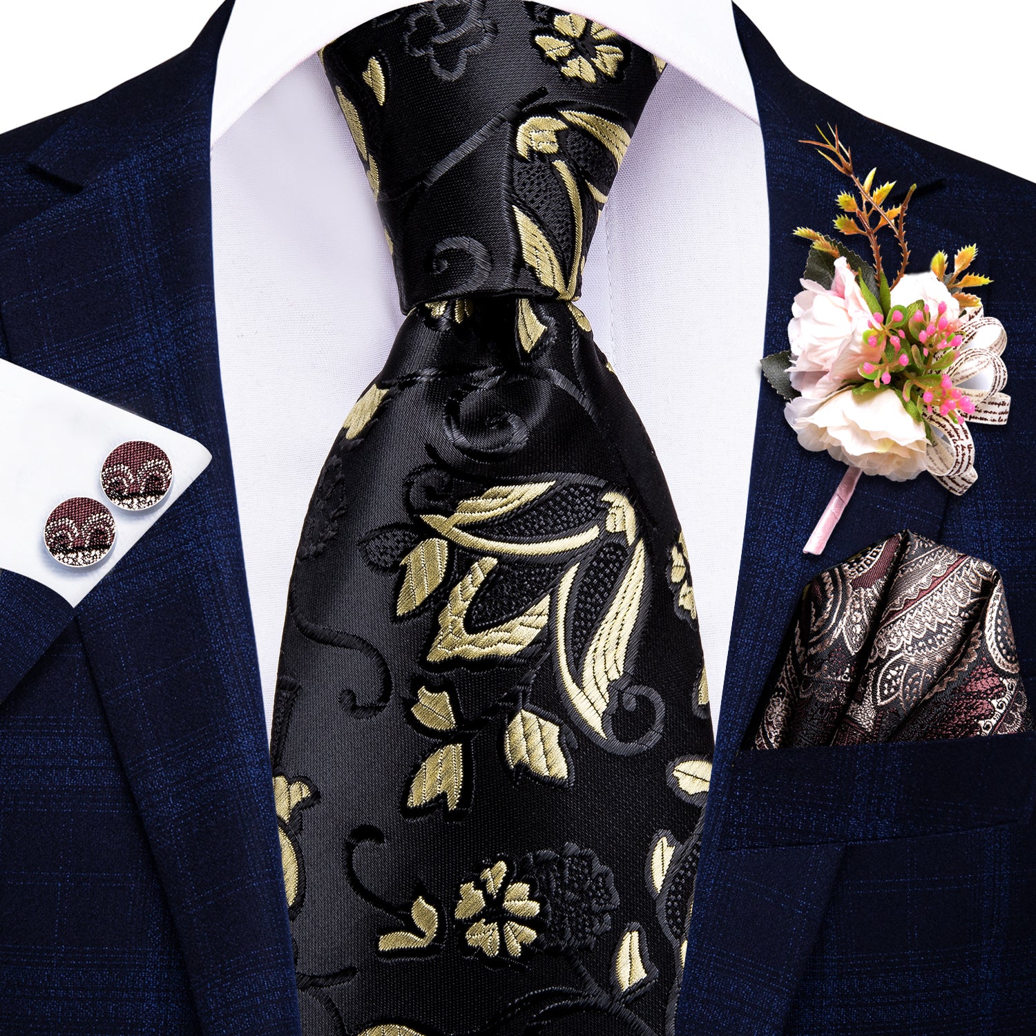 Black Yellow Floral Tie Pocket Square Cufflinks Set with Wedding Brooch