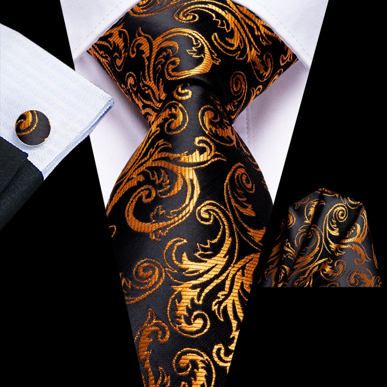 Black Golden Paisley Tie Pocket Square Cufflinks Set