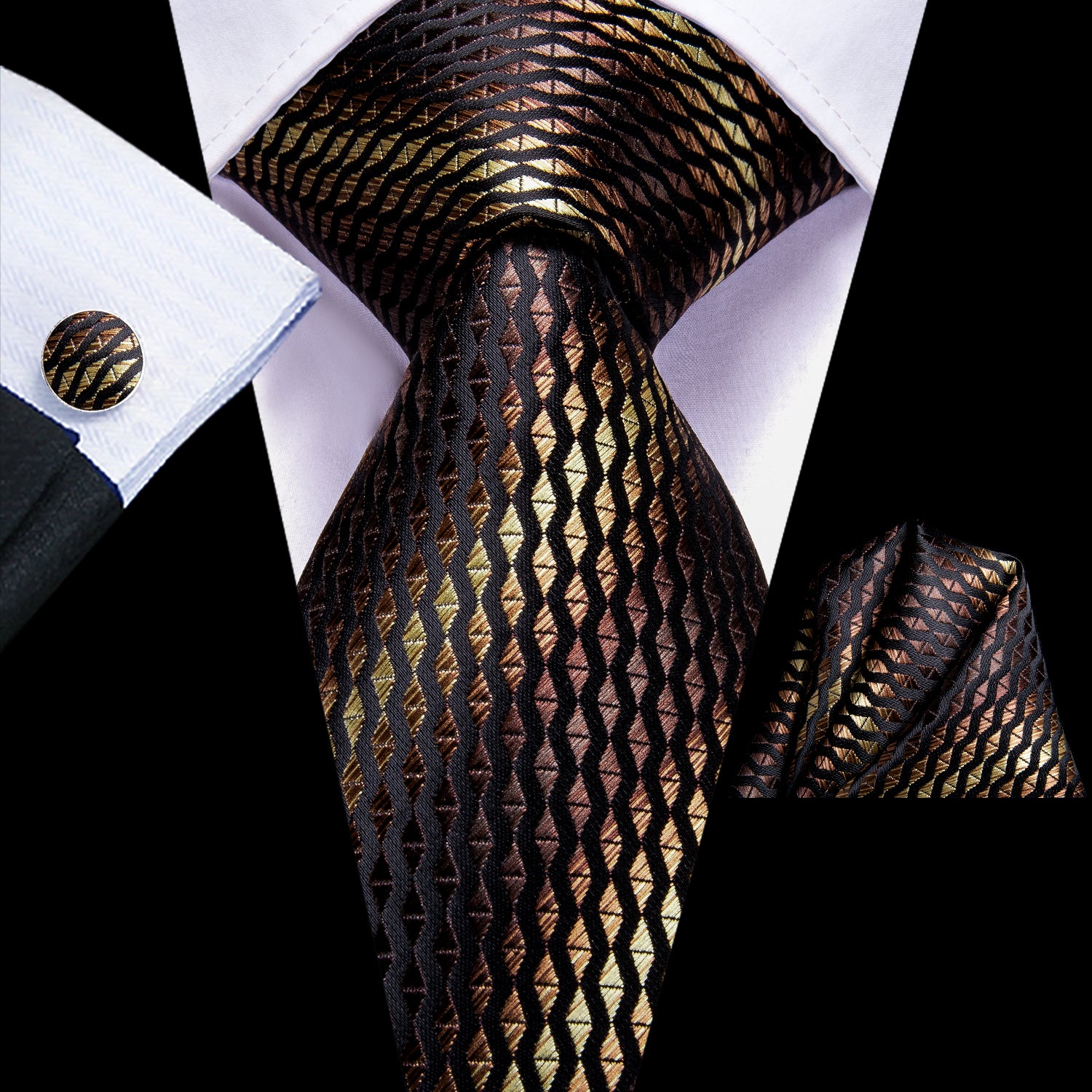Black Yellow Brown Striped Tie Pocket Square Cufflinks Set