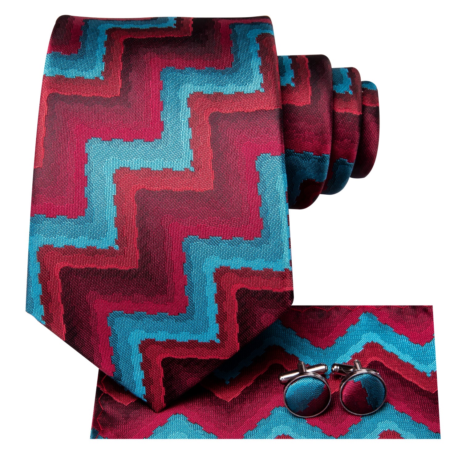 Red Blue Striped Novelty Tie Pocket Square Cufflinks Set