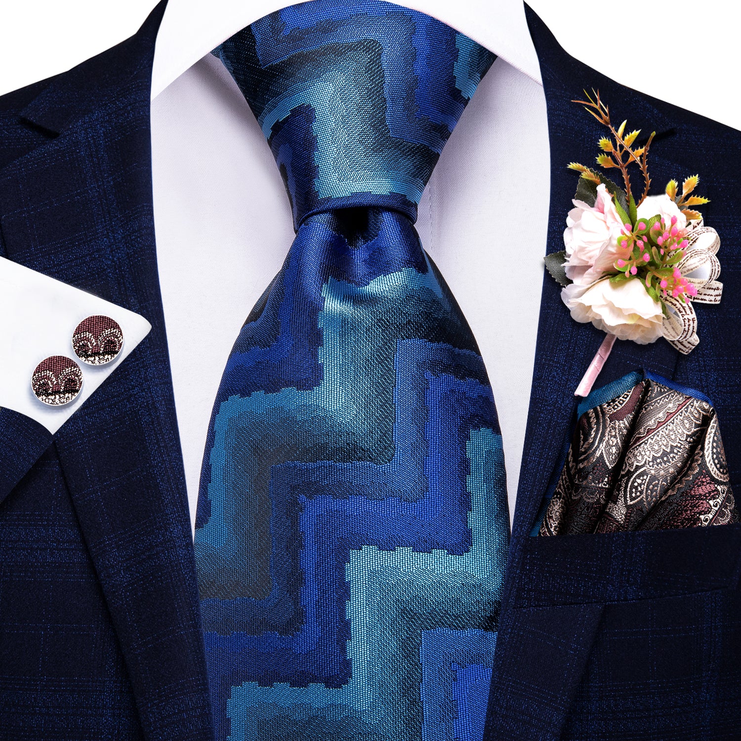 Blue Striped Novelty Tie Pocket Square Cufflinks Set with Wedding Brooch