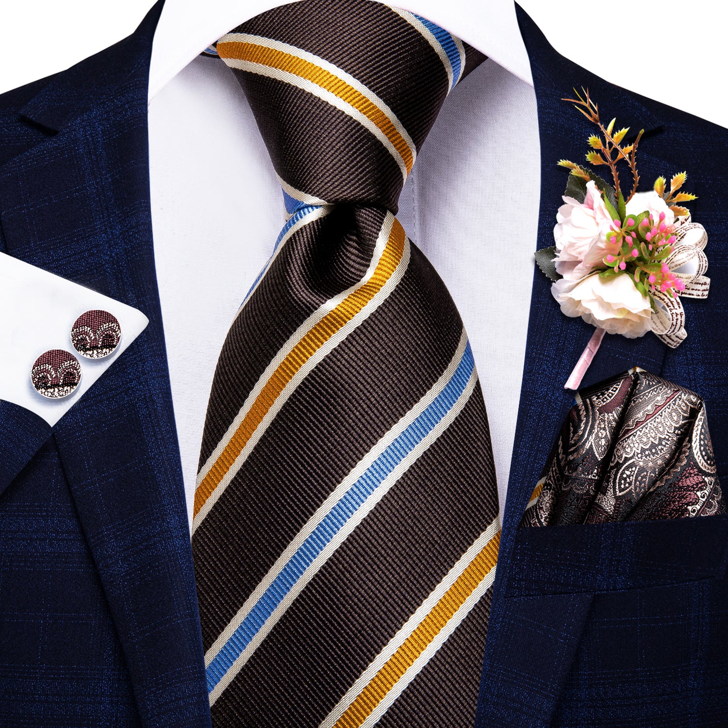 Black Golden Blue Striped Tie Pocket Square Cufflinks Set with Wedding Brooch