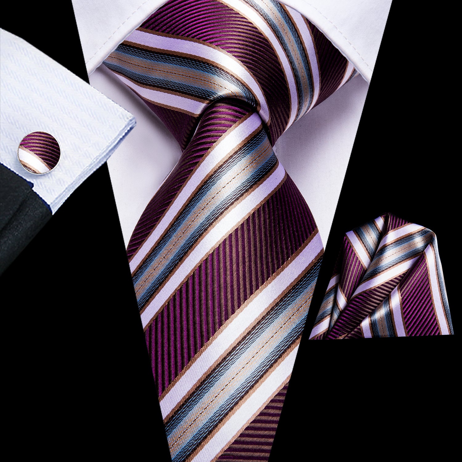 Burgundy White Striped Tie Pocket Square Cufflinks Set