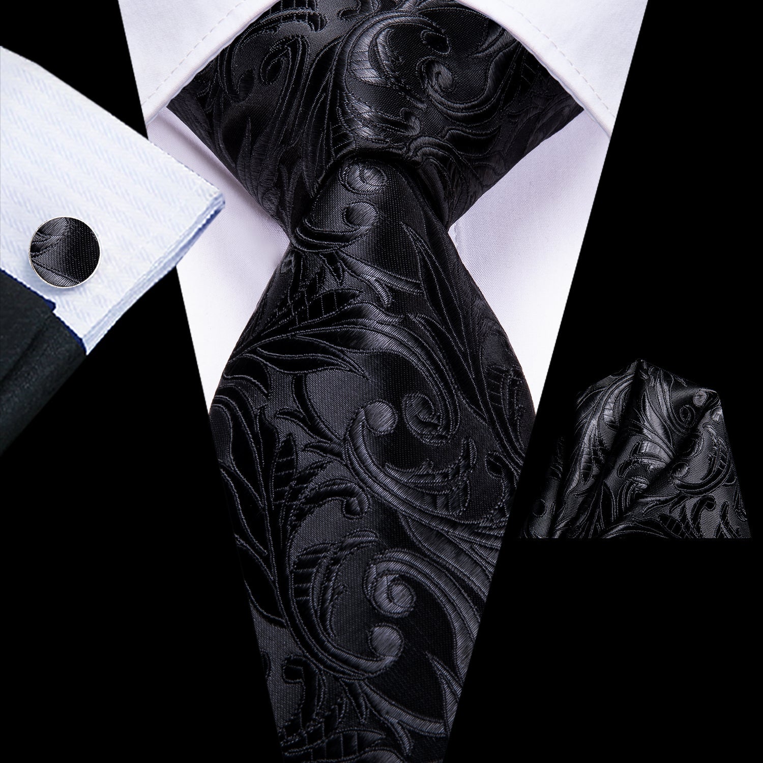Black Floral Extra Long 63 Inches Tie Pocket Square Cufflinks Set